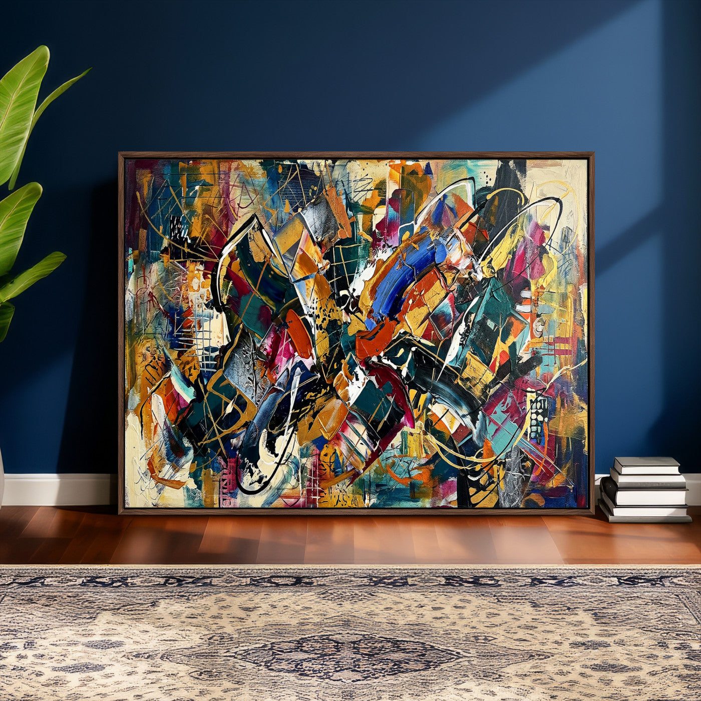 15525527-MGV-CV-36X24 - Geometric Abstract Wall Art Canvas Print, Orange Blue Abstract Expressionist Painting Print, Modern Geometric Abstract Canvas Art