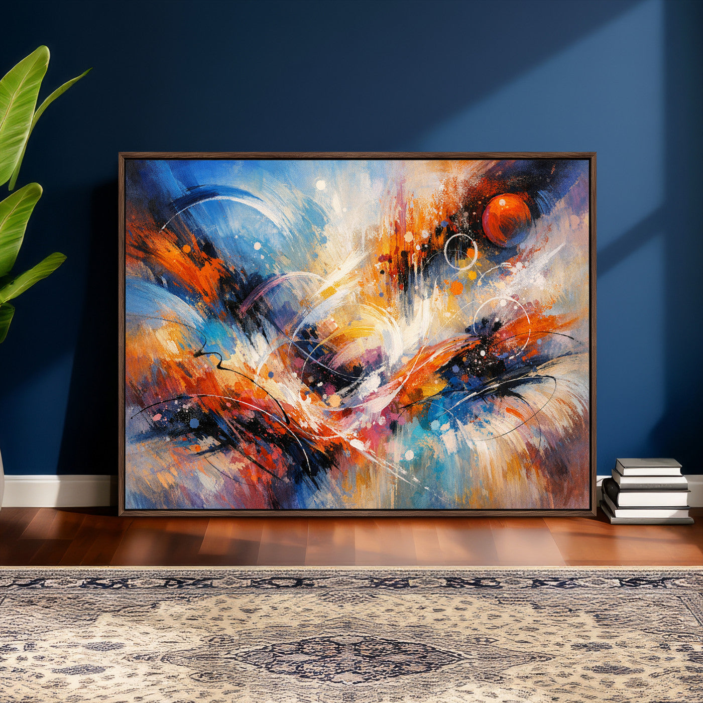 47770355-MGV-CV-36X24 - Geometric Abstract Wall Art Canvas Print, Orange Blue Abstract Expressionist Painting Print, Modern Geometric Abstract Canvas Art