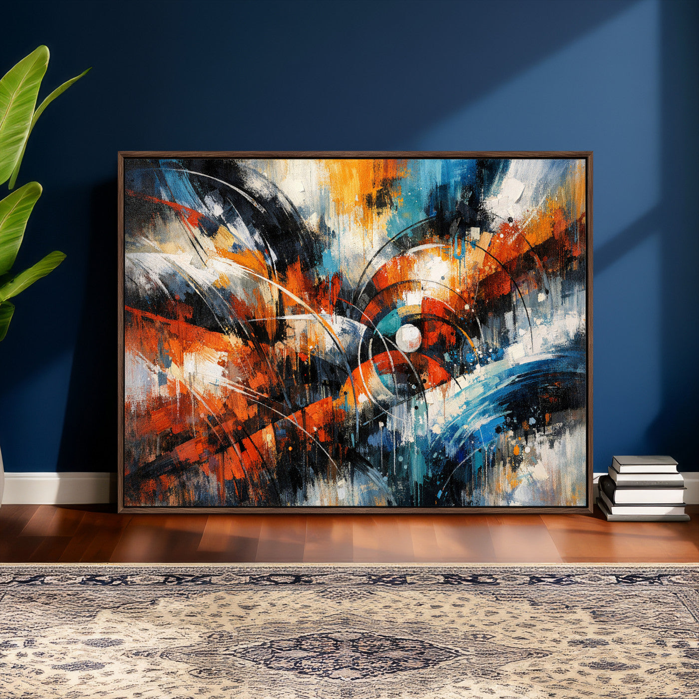 47120691-MGV-CV-36X24 - Geometric Abstract Wall Art Canvas Print, Orange Blue Abstract Expressionist Painting Print, Modern Geometric Abstract Canvas Art