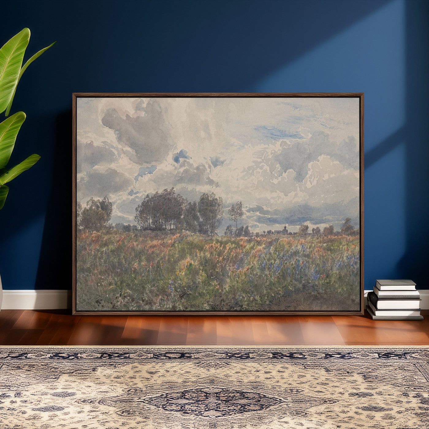 76626885-MGV-CV-36X24 - Vintage Watercolor Meadow Canvas Wall Art — English Pastoral Wildflower Storm Sky Print | Cottagecore Nature Decor | Classic Landscape Gift