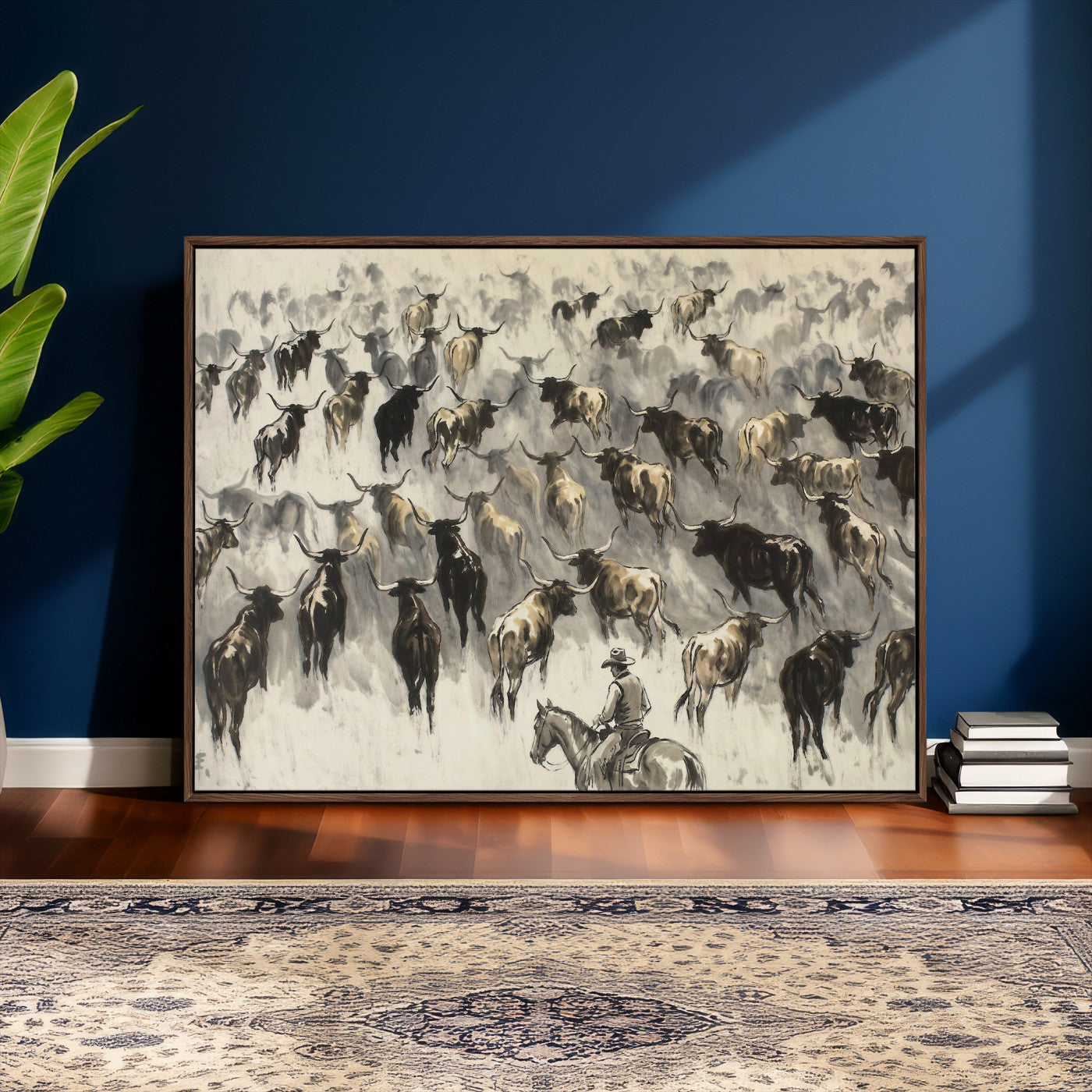 48049876-MGV-CV-36X24 - Cowboy Cattle Drive Canvas Wall Art, Western Longhorn Herd Ink Painting Print, Ranch Rodeo Decor, Black White Western Art, Large Living Room Art