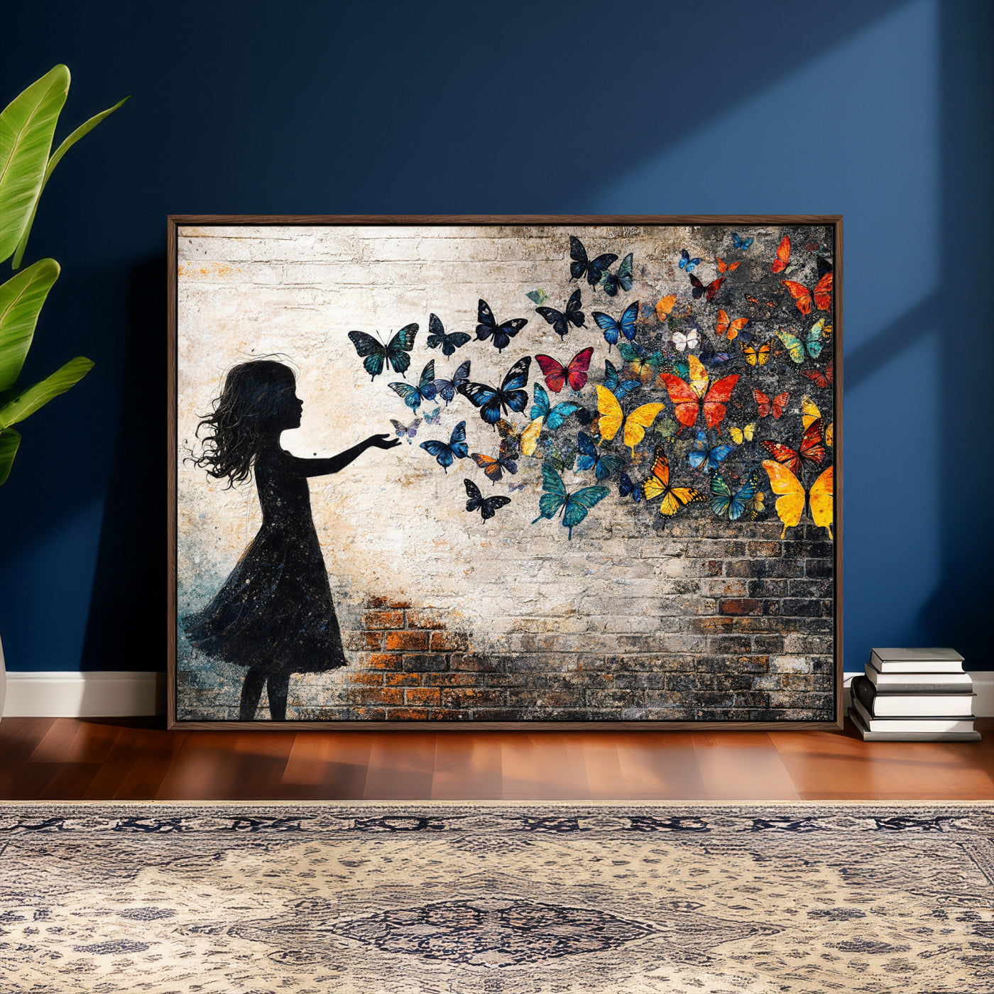 70522594-MGV-CV-36X24 - Banksy Butterfly Girl Wall Art Canvas Print, Framed Street Art Canvas Print, Graffiti Silhouette Butterfly Wall Art for Living Room Bedroom Office