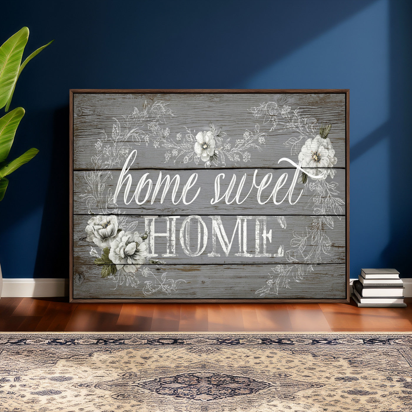 42160089-MGV-CV-36X24 - Home Sweet Home Sign Wall Art Canvas Print, Floral Farmhouse Sign, Rustic Neutral Entryway Bedroom Living Room Decor