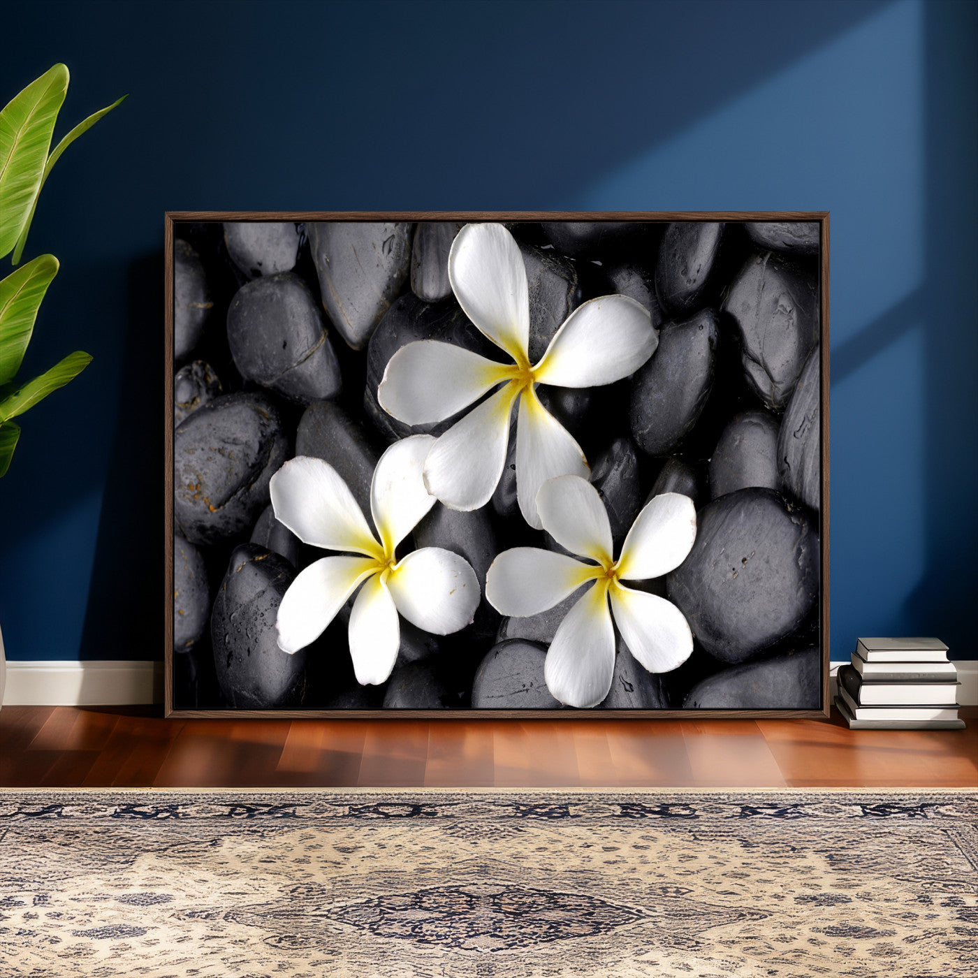 43639613-MGV-CV-36X24 - Plumeria Frangipani Black Stone Canvas | White Flower Spa Photography Print | Tropical Zen Wall Art | Grey Pebble Floral Decor