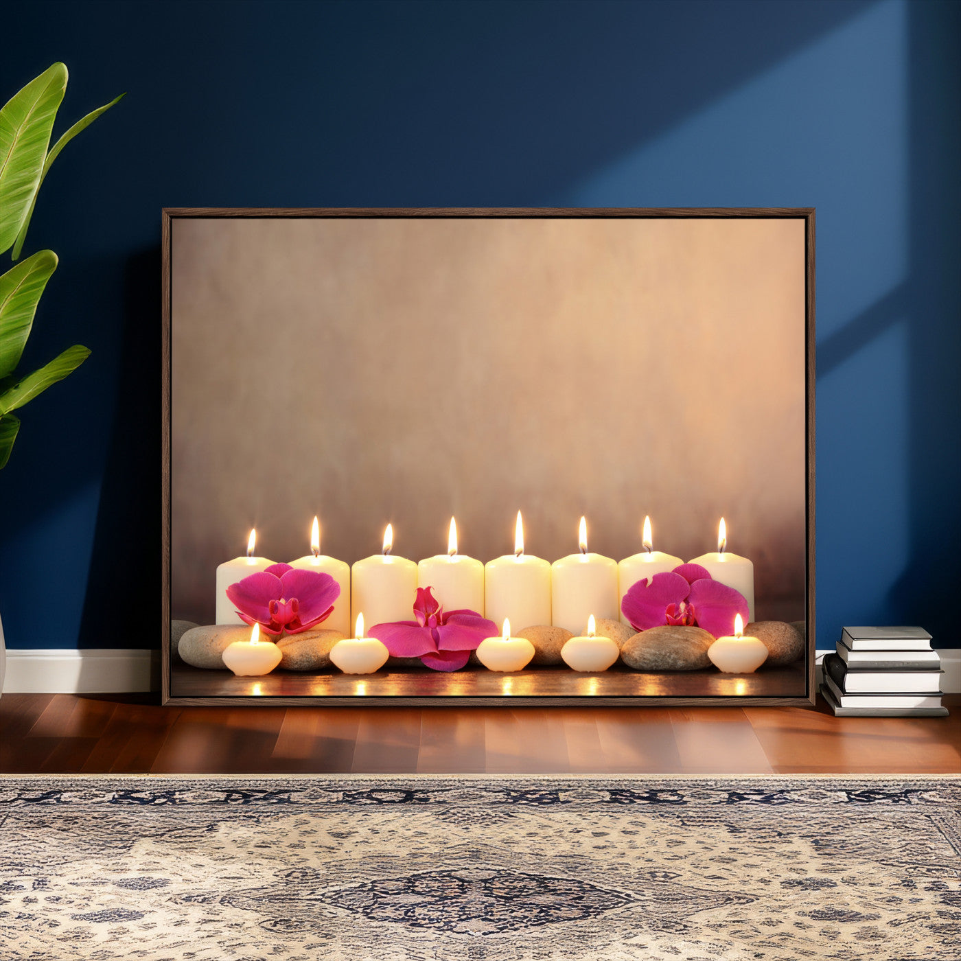 59470569-MGV-CV-36X24 - Spa Candles Orchid Canvas Print | Zen Wellness Relaxation Wall Art | Pink Flower Candlelight Bathroom Decor | Calm Beige Photography