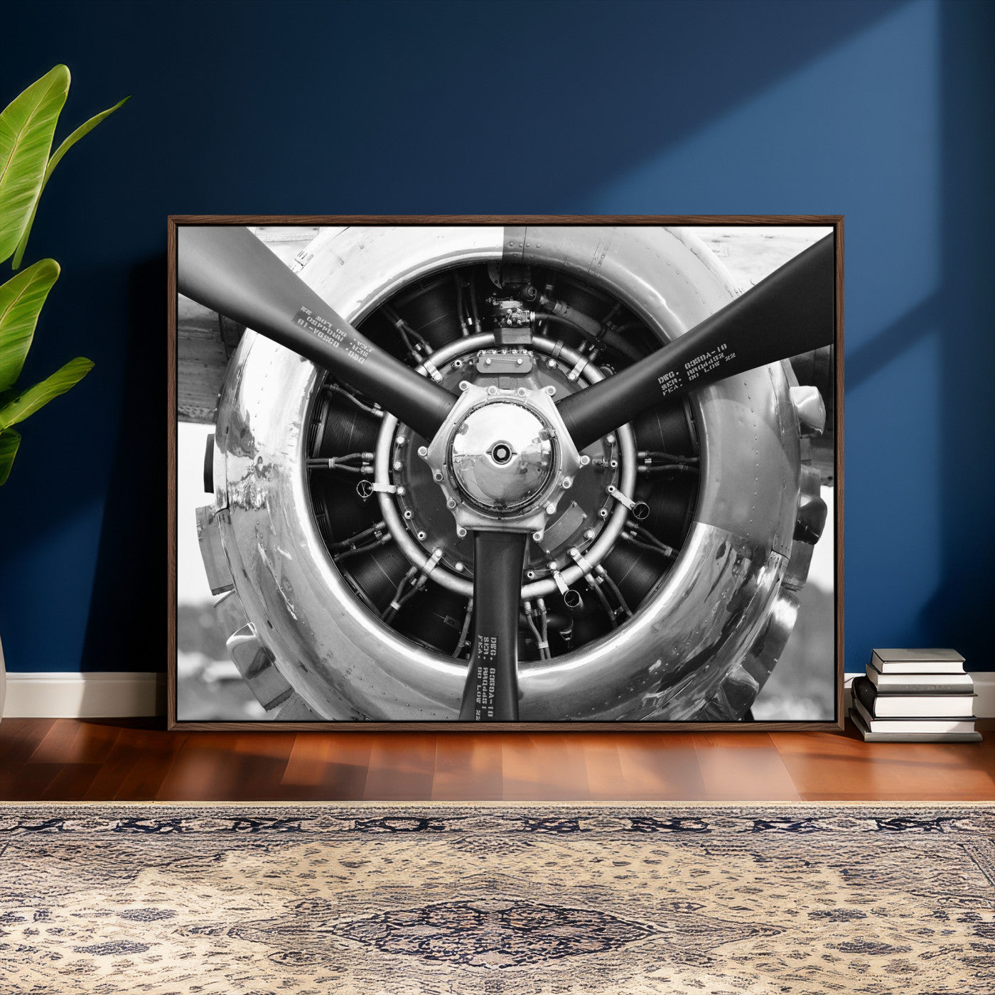 73322230-MGV-CV-36X24 - Vintage Propeller Plane Wall Art Canvas Print, Black and White Airplane Engine Close Up Framed Aviation Artwork for Pilot Office Hangar Decor