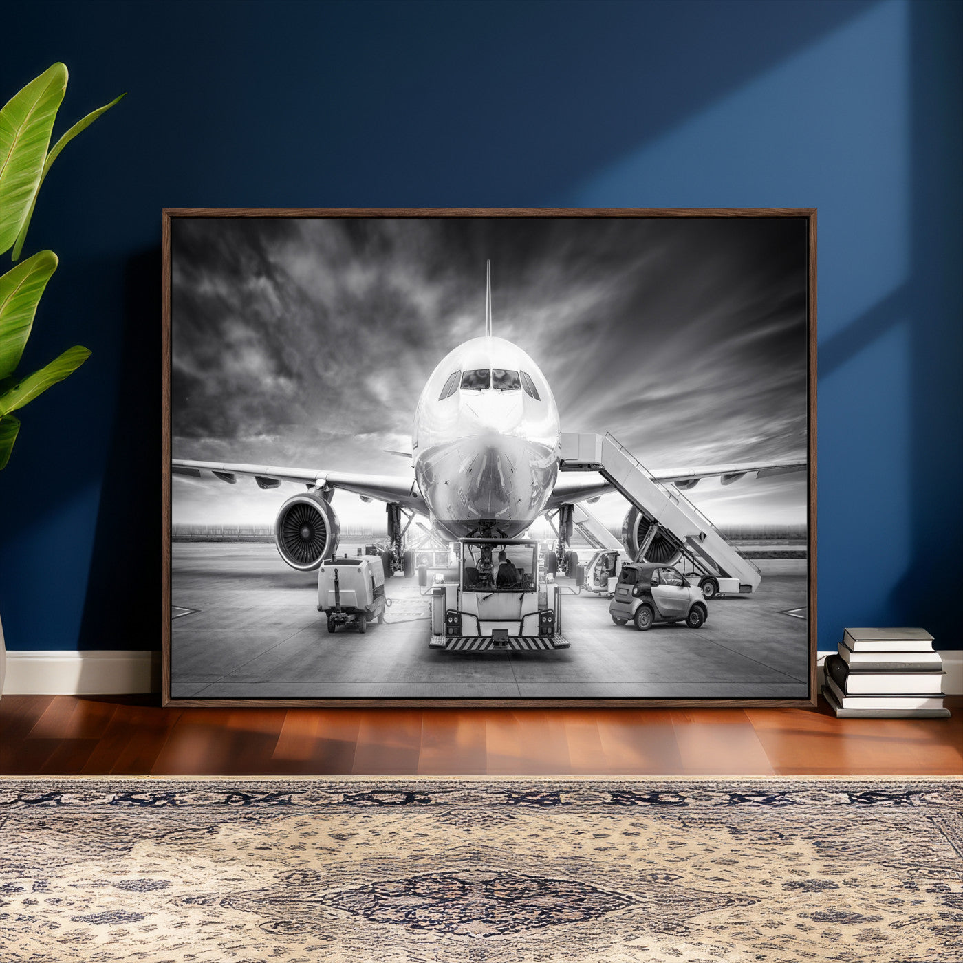 85885848-MGV-CV-36X24 - Airplane Wall Art Canvas Print, Black and White Jet Aircraft Airport Runway Framed Aviation Artwork for Pilot Office Hangar Travel Decor