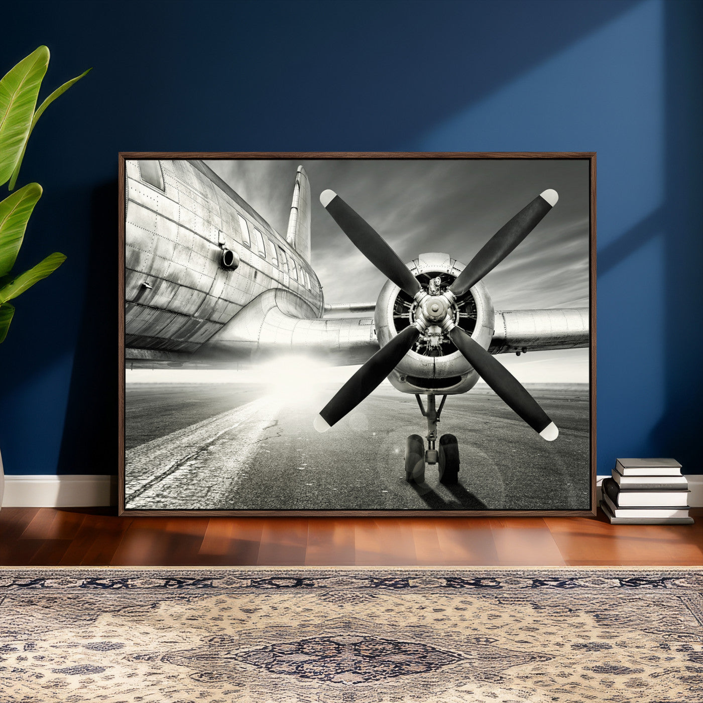 16420255-MGV-CV-36X24 - Vintage Airplane Wall Art Canvas Print, Black and White Propeller Aircraft Framed Aviation Artwork for Pilot Office Hangar Living Room Decor