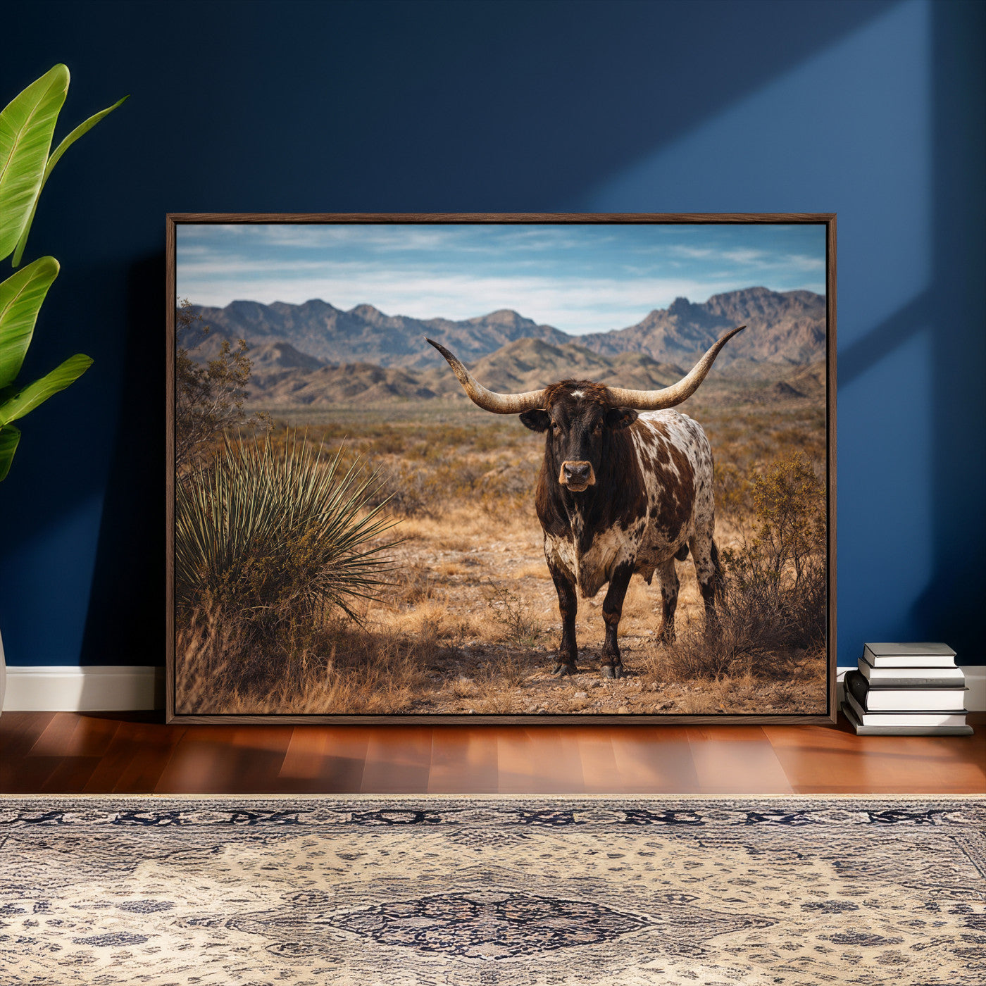 17622011S-MGV-CV-36X24 - Texas Longhorn Bull Wall Art Canvas Print, Western Farmhouse Cowboy Decor, Rustic Texas Ranch Cattle Artwork for Living Room Bedroom Office, Framed Wall Decor