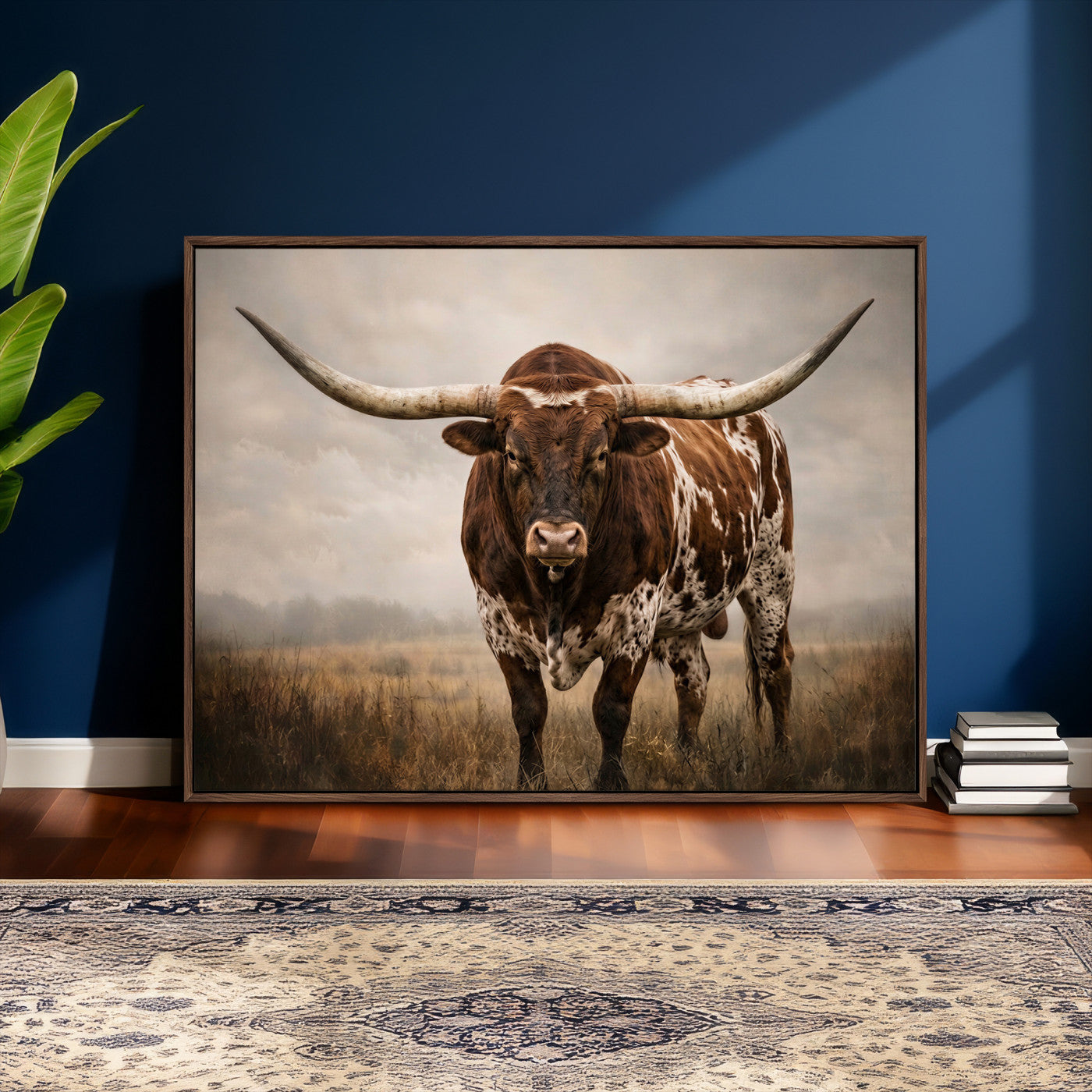 25239047-MGV-CV-36X24 - Texas Longhorn Canvas Wall Art Western Bull Desert Moody Grey Overcast Rustic Farmhouse Framed Large for Living Room Bedroom Office Decor