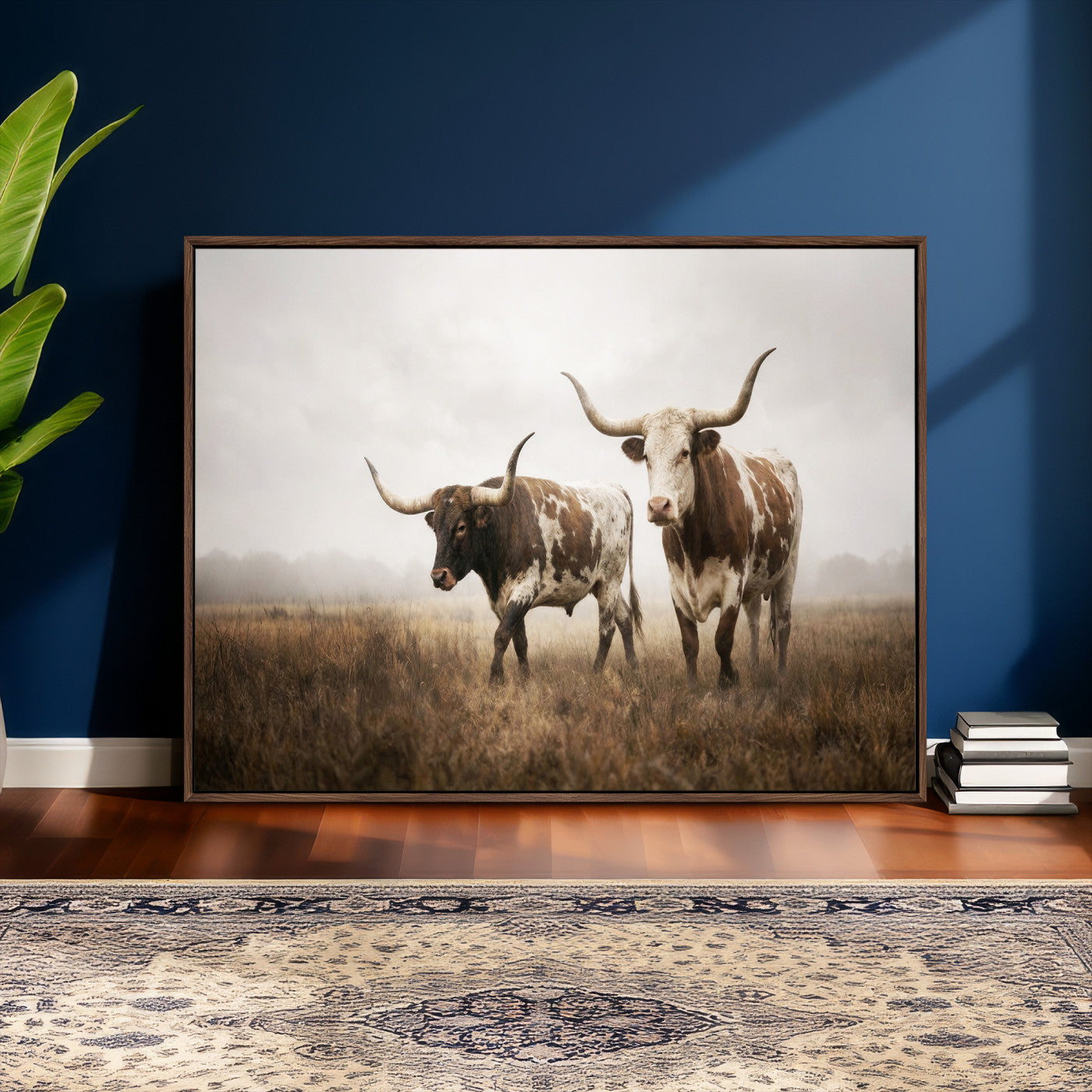 92881702-MGV-CV-36X24 - Texas Longhorn Canvas Wall Art Western Bull Desert Moody Grey Overcast Rustic Farmhouse Framed Large for Living Room Bedroom Office Decor