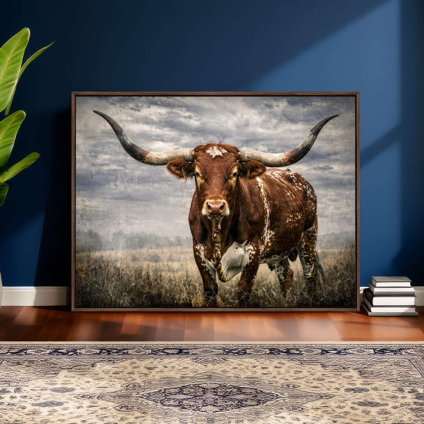 14372769-MGV-CV-36X24 - Texas Longhorn Canvas Wall Art Western Bull Desert Moody Grey Overcast Rustic Farmhouse Framed Large for Living Room Bedroom Office Decor