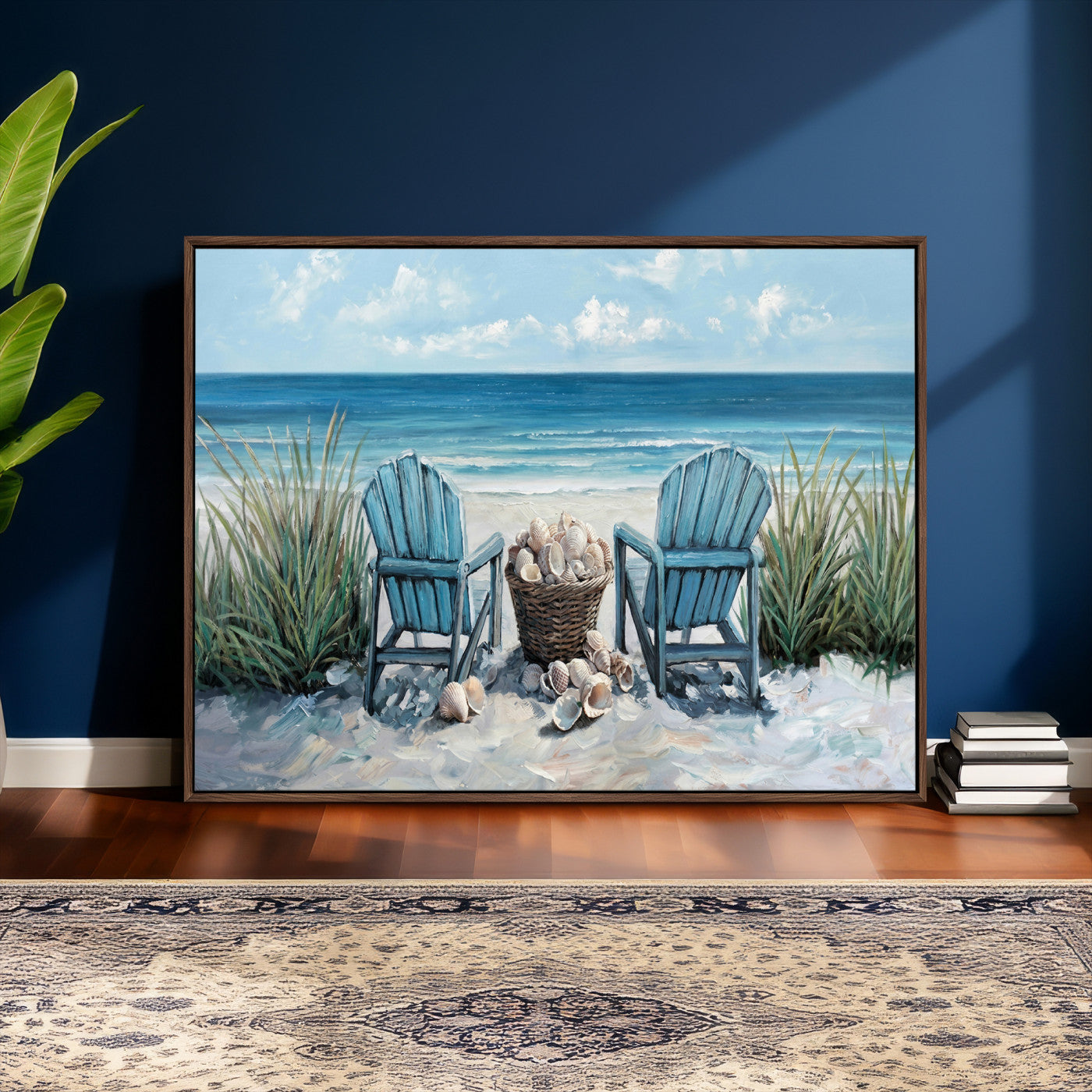11973028-MGV-CV-36X24 - Beach Canvas Wall Art Coastal Adirondack Chairs Ocean Seashells Blue Nautical Framed Large for Living Room Bedroom Bathroom Decor
