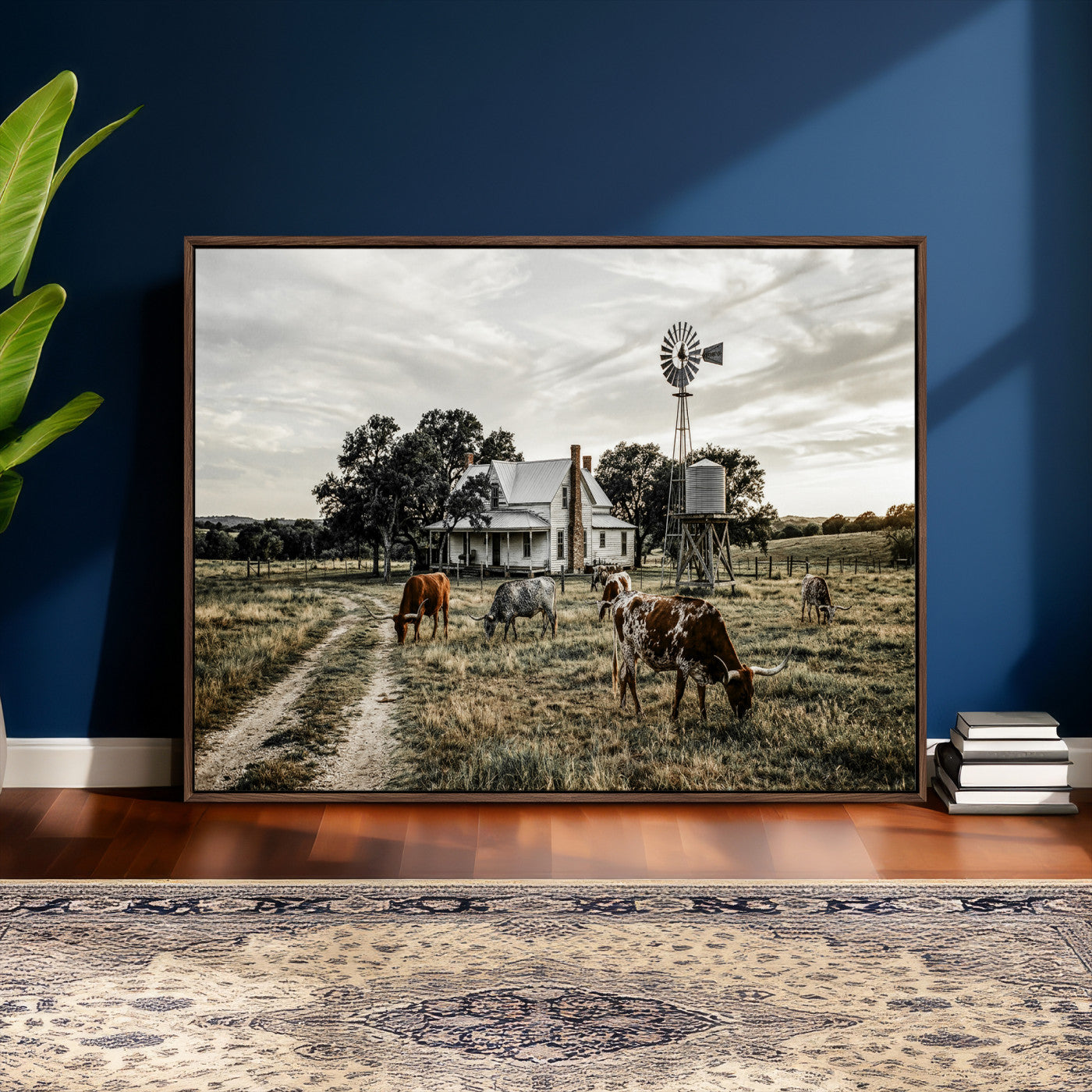 92429425-MGV-CV-36X24 - Texas Longhorn Ranch Wall Art Canvas Print, Rustic Western Farmhouse Decor, Country Landscape Canvas Wall Art, Vintage Cowboy Ranch Picture