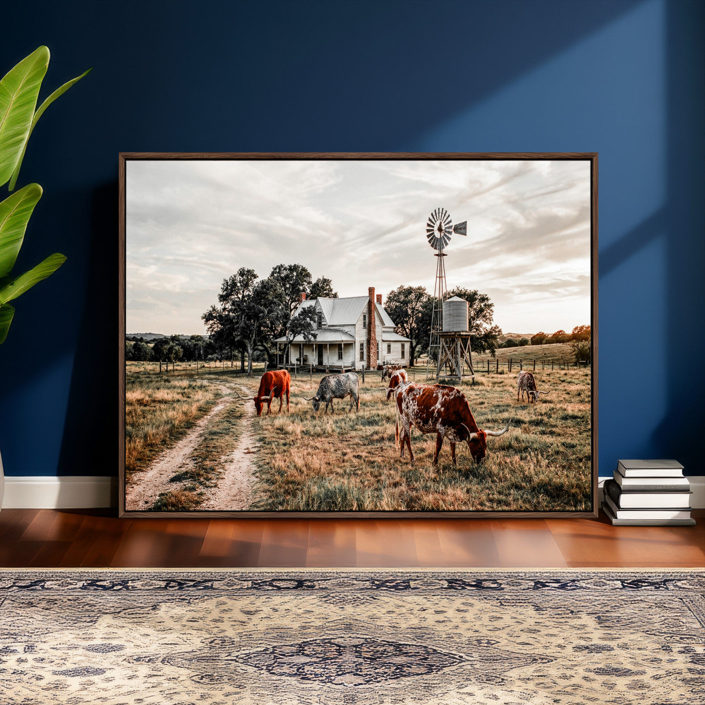 92429425-MGV-CV-36X24 - Texas Longhorn Ranch Wall Art Canvas Print, Rustic Western Farmhouse Decor, Country Landscape Canvas Wall Art, Vintage Cowboy Ranch Picture