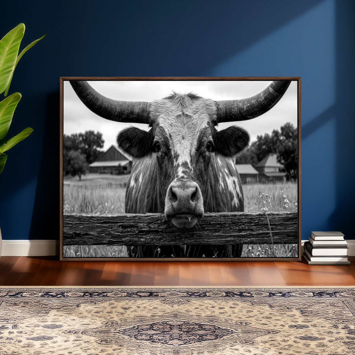 59378683B-MGV-CV-36X24 - Black White Texas Longhorn Bull Canvas Wall Art, Western Ranch Cattle Photography Print, Rustic Farmhouse Cowboy Decor Artwork