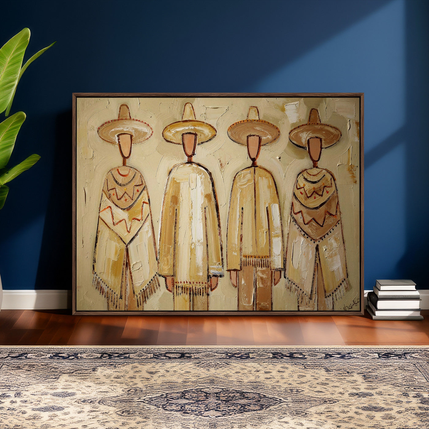 46071653-MGV-CV-36X24 - Mexican Folk Art Canvas Wall Art, Charro Poncho Sombrero Painting Print, Neutral Beige Boho Decor, Southwestern Impasto Style, Living Room Art