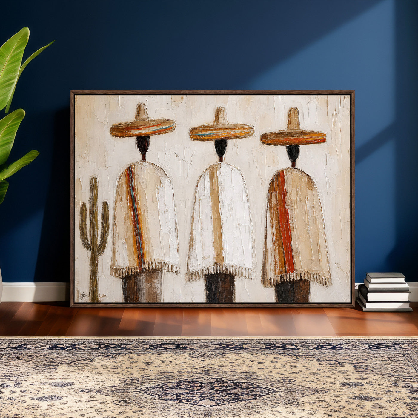 72884785-MGV-CV-36X24 - Mexican Folk Art Canvas Wall Art, Southwestern Sombrero Poncho Painting, Neutral Earthy Boho Decor, Fiesta Living Room Art, Impasto Style Print