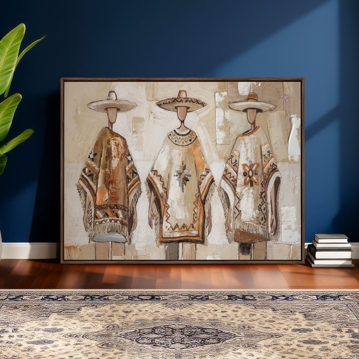 85373290-MGV-CV-36X24 - Mexican Folk Art Canvas Wall Art, Charro Poncho Sombrero Painting Print, Neutral Beige Boho Decor, Southwestern Impasto Style, Living Room Art