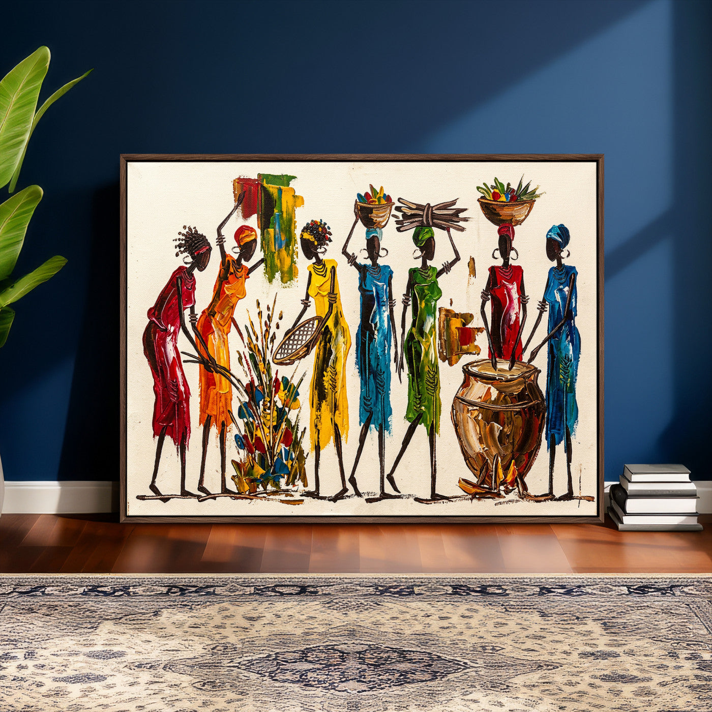 83463154-MGV-CV-36X24 - African Folk Art Canvas Wall Art, Colorful African Women Village Painting Print, Tribal Ethnic Home Decor, Vibrant African Art, Living Room