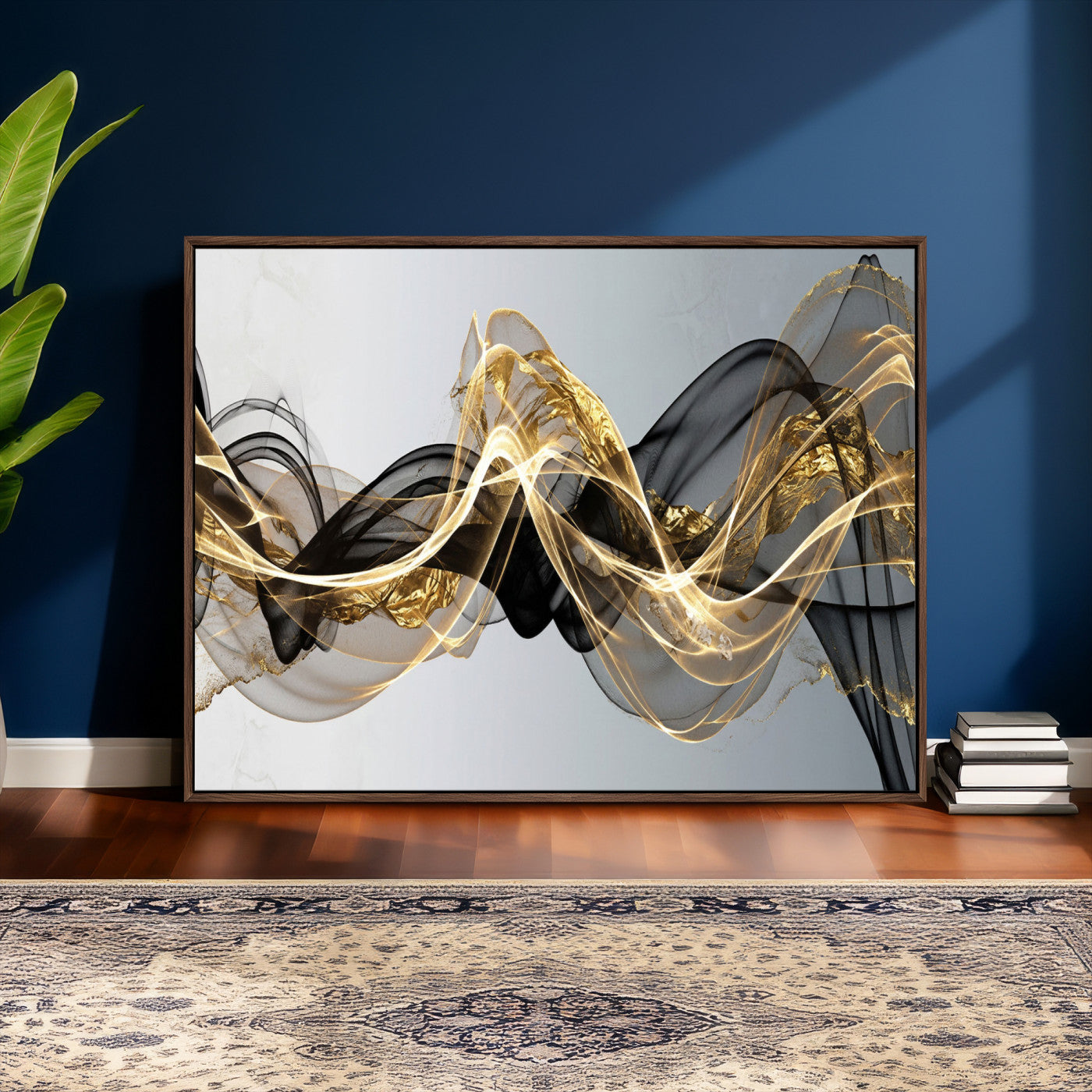 79483321DL-MGV-CV-36X24 - Black and Gold Abstract Wall Art, Modern Wave Canvas Print, Elegant Flowing Smoke Art, Luxury Living Room Decor