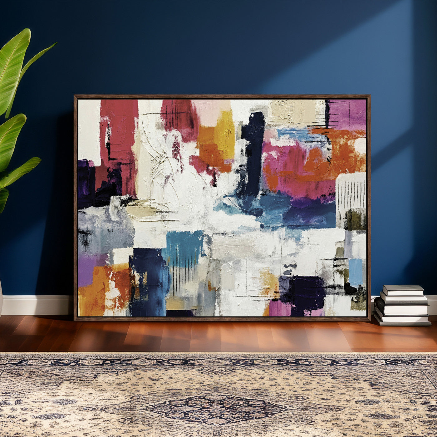 57864023-MGV-CV-36X24 - Blue Teal Abstract Canvas Wall Art, Modern Textured Painting Print, Navy Orange White Contemporary Art, Neutral Living Room Decor, Office Art