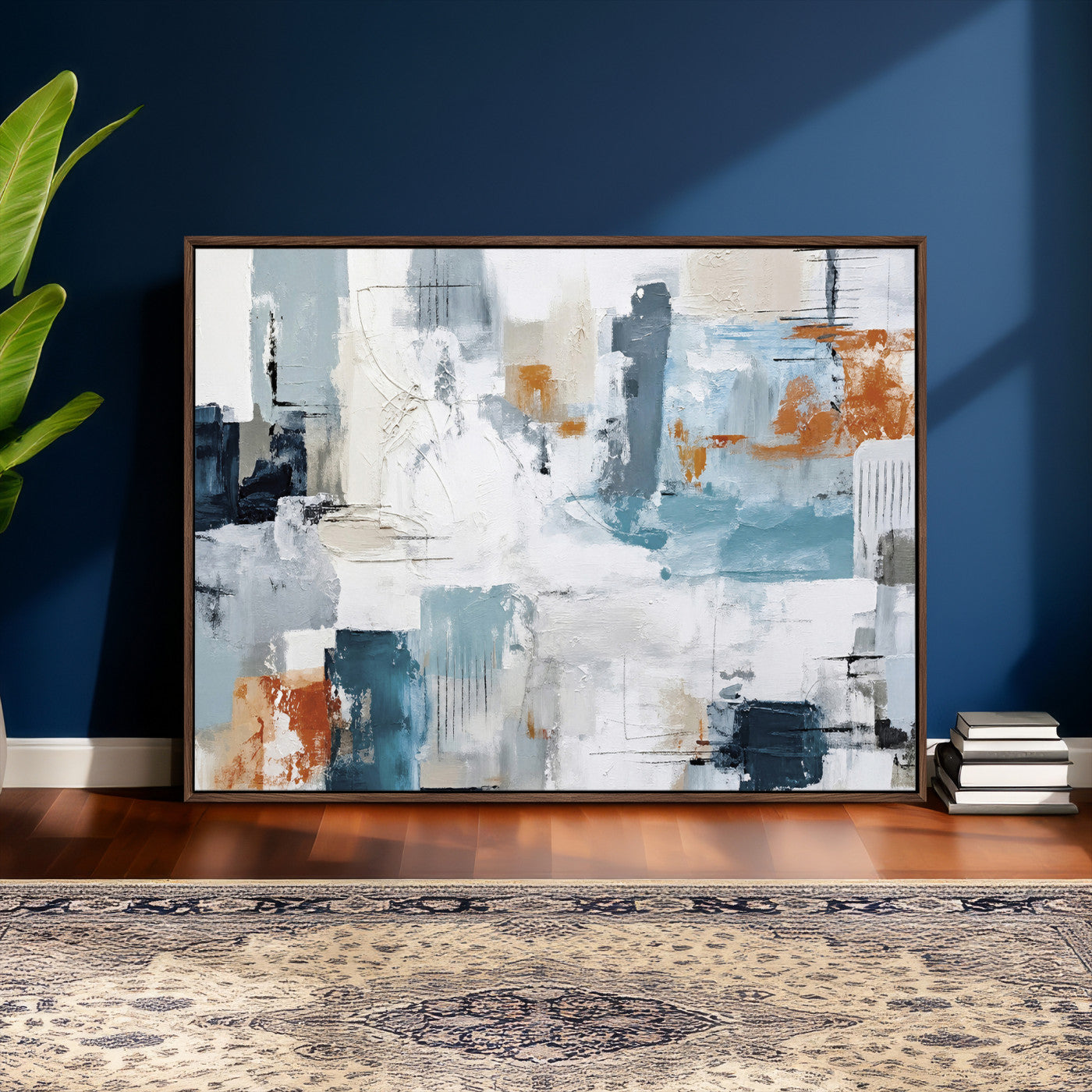 98638479-MGV-CV-36X24 - Blue Teal Abstract Canvas Wall Art, Modern Textured Painting Print, Navy Orange White Contemporary Art, Neutral Living Room Decor, Office Art