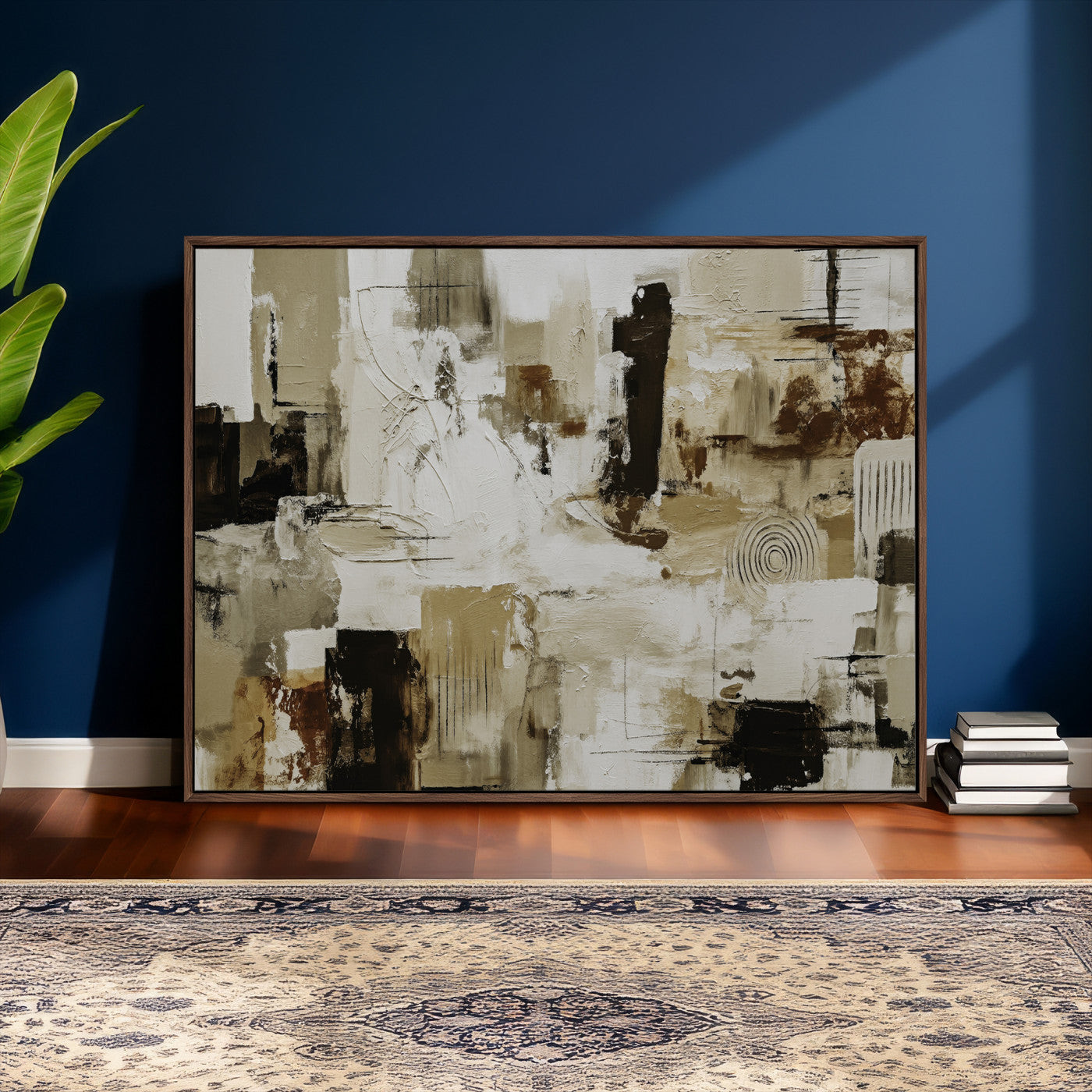 15668286-MGV-CV-36X24 - Blue Teal Abstract Canvas Wall Art, Modern Textured Painting Print, Navy Orange White Contemporary Art, Neutral Living Room Decor, Office Art