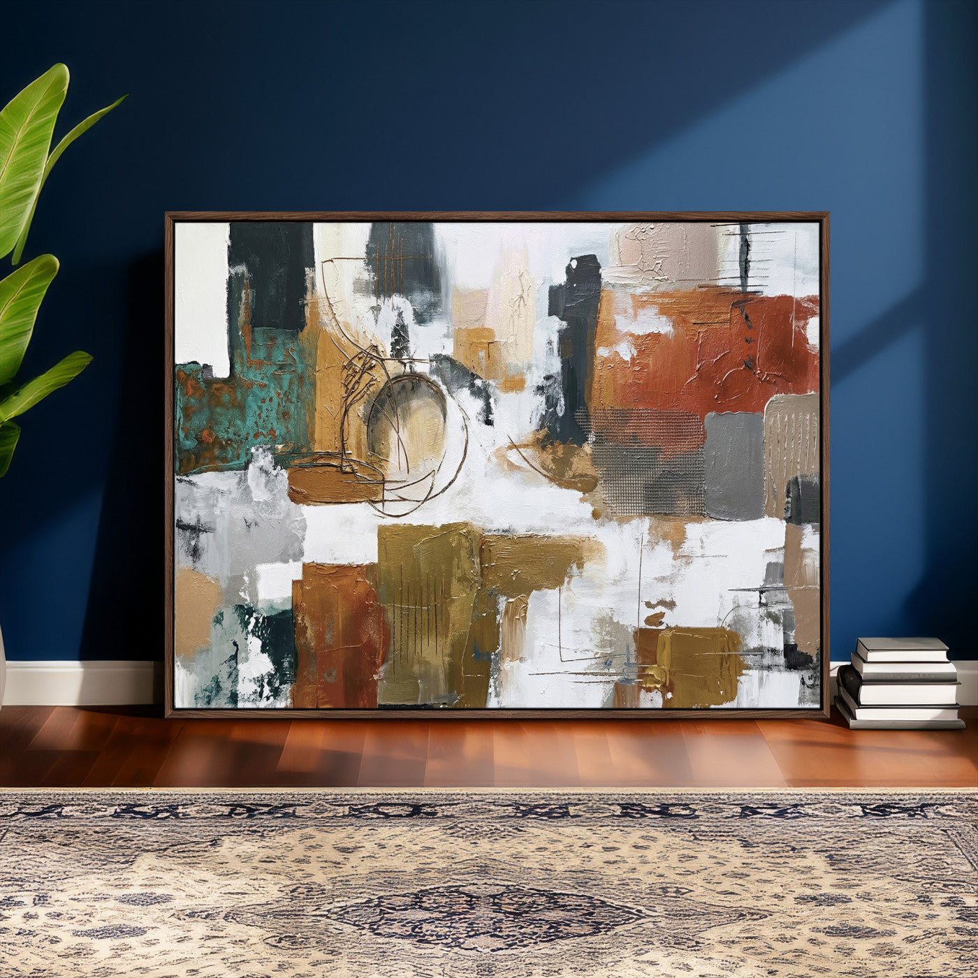 50720312-MGV-CV-36X24 - Blue Teal Abstract Canvas Wall Art, Modern Textured Painting Print, Navy Orange White Contemporary Art, Neutral Living Room Decor, Office Art