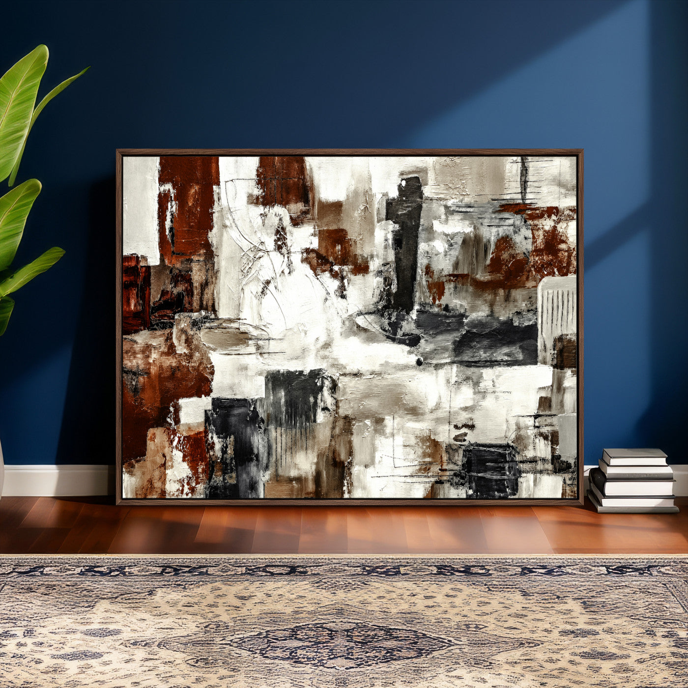 53022468-MGV-CV-36X24 - Blue Teal Abstract Canvas Wall Art, Modern Textured Painting Print, Navy Orange White Contemporary Art, Neutral Living Room Decor, Office Art