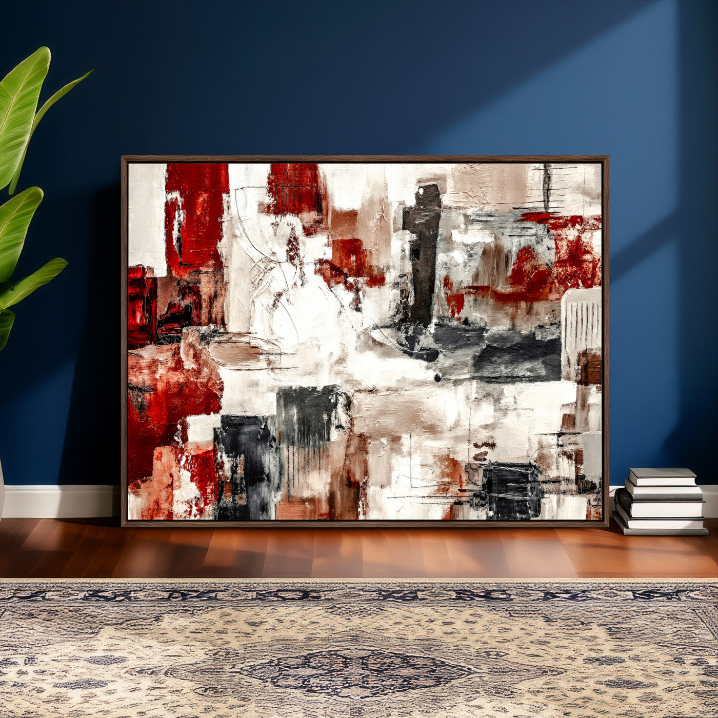 53022468-MGV-CV-36X24 - Blue Teal Abstract Canvas Wall Art, Modern Textured Painting Print, Navy Orange White Contemporary Art, Neutral Living Room Decor, Office Art