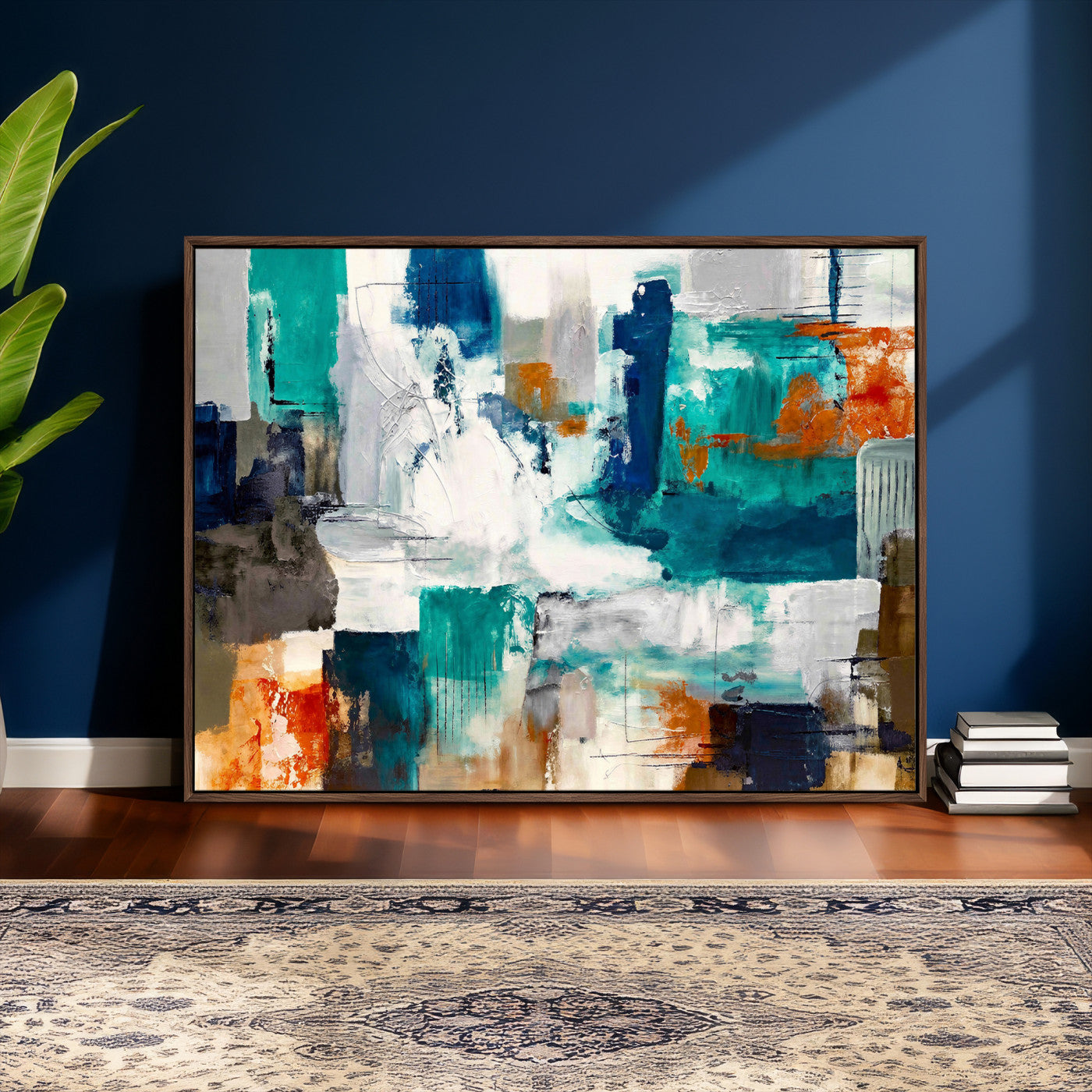 44038089-MGV-CV-36X24 - Blue Teal Abstract Canvas Wall Art, Modern Textured Painting Print, Navy Orange White Contemporary Art, Neutral Living Room Decor, Office Art