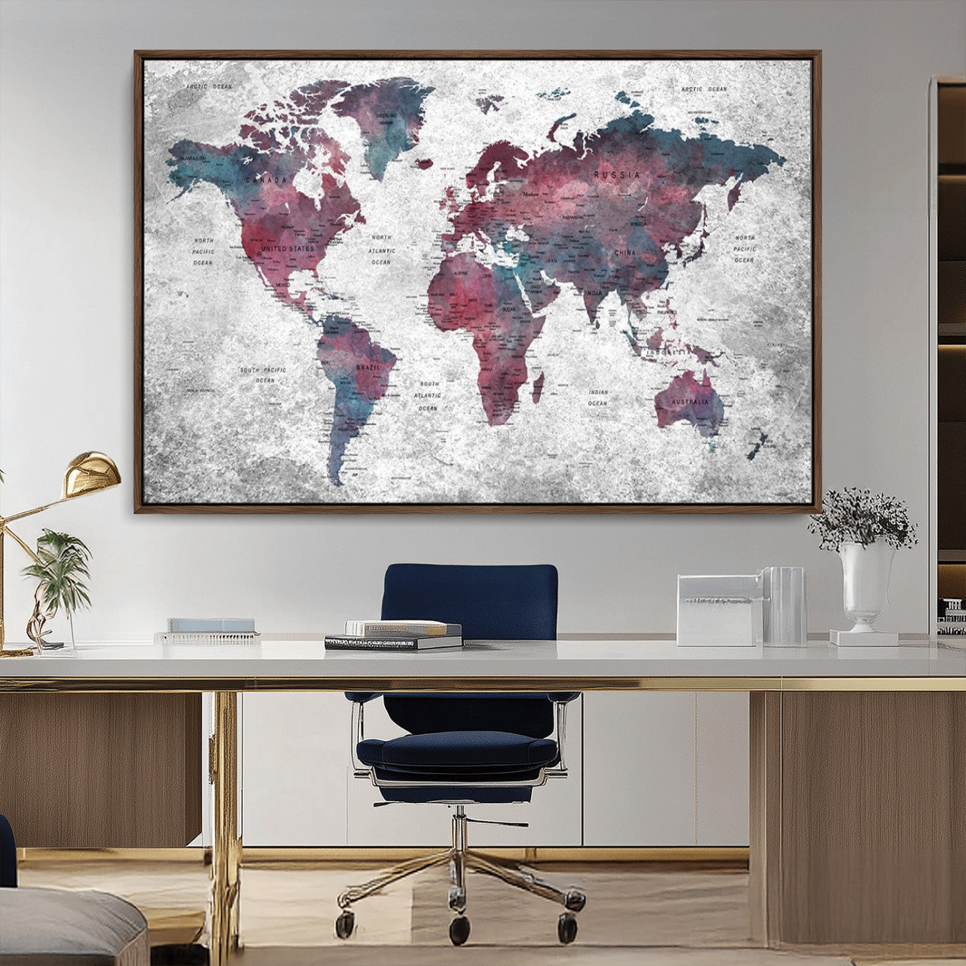 38212-MGV-FC-36X24_Walnut-Modern Red and Gray World Map Canvas Print – Framed Push Pin Wall Art for Couples, Contemporary Travel Map Artwork for Home and Office Decor
