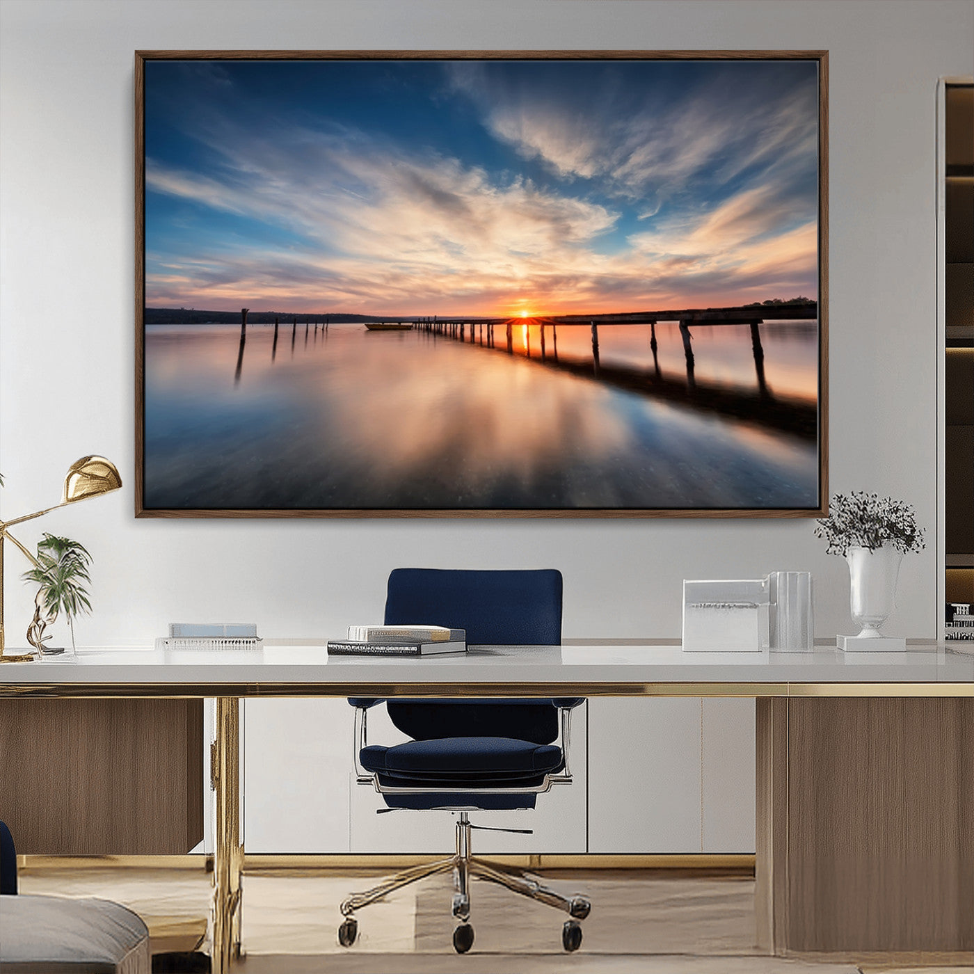 39967-MGV-CV-36X24-Wooden Pier on Seascape and Sunset Wall Art Canvas Print