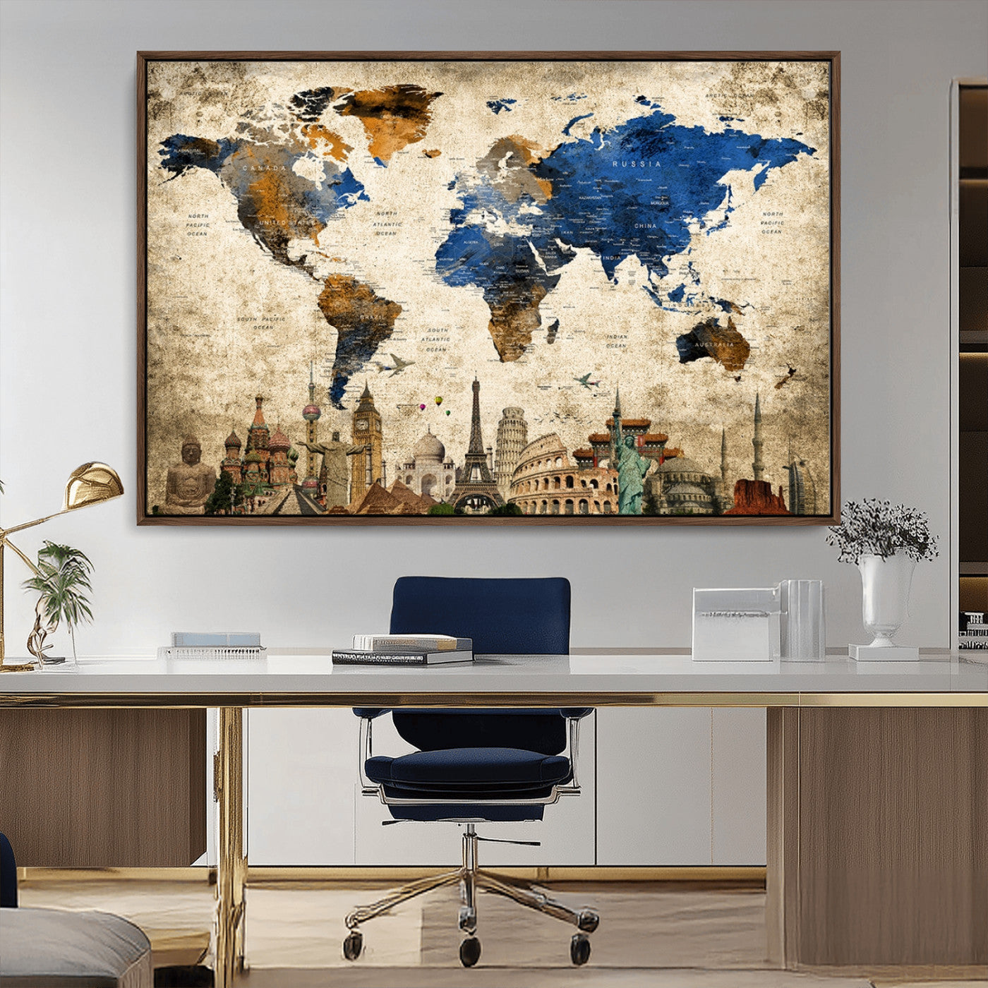 20261-MGV-CV-36X24-World Map Canvas Print – Vintage Blue and Gold World Map Wall Art, Framed Travel Inspired Decor for Living Room or Office