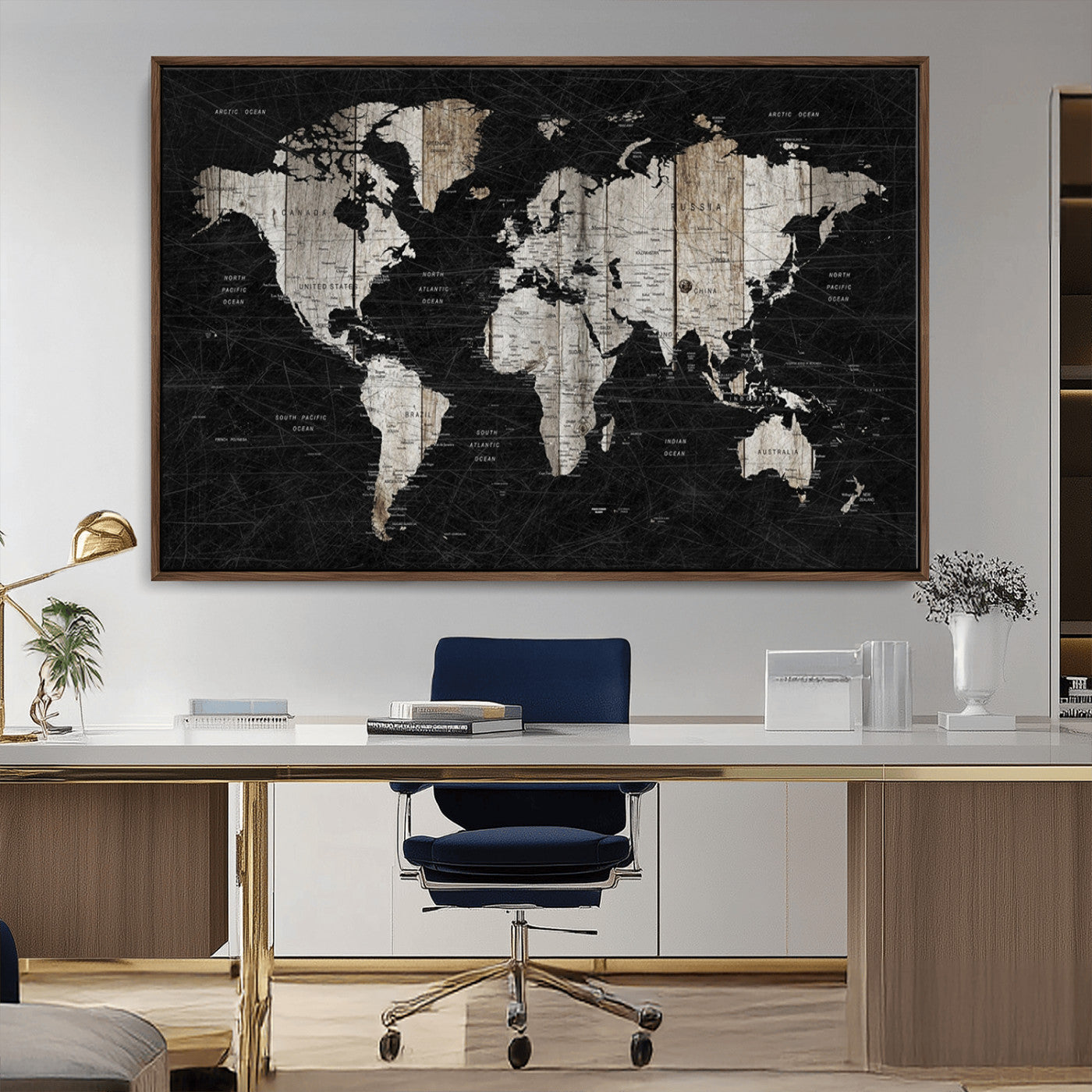 89998-MGV-FC-36X24_Walnut-Rustic Black and Wood World Map Canvas Wall Art – Framed Push Pin Travel Map for Home and Office Decor, Modern Vintage Wall Artwork