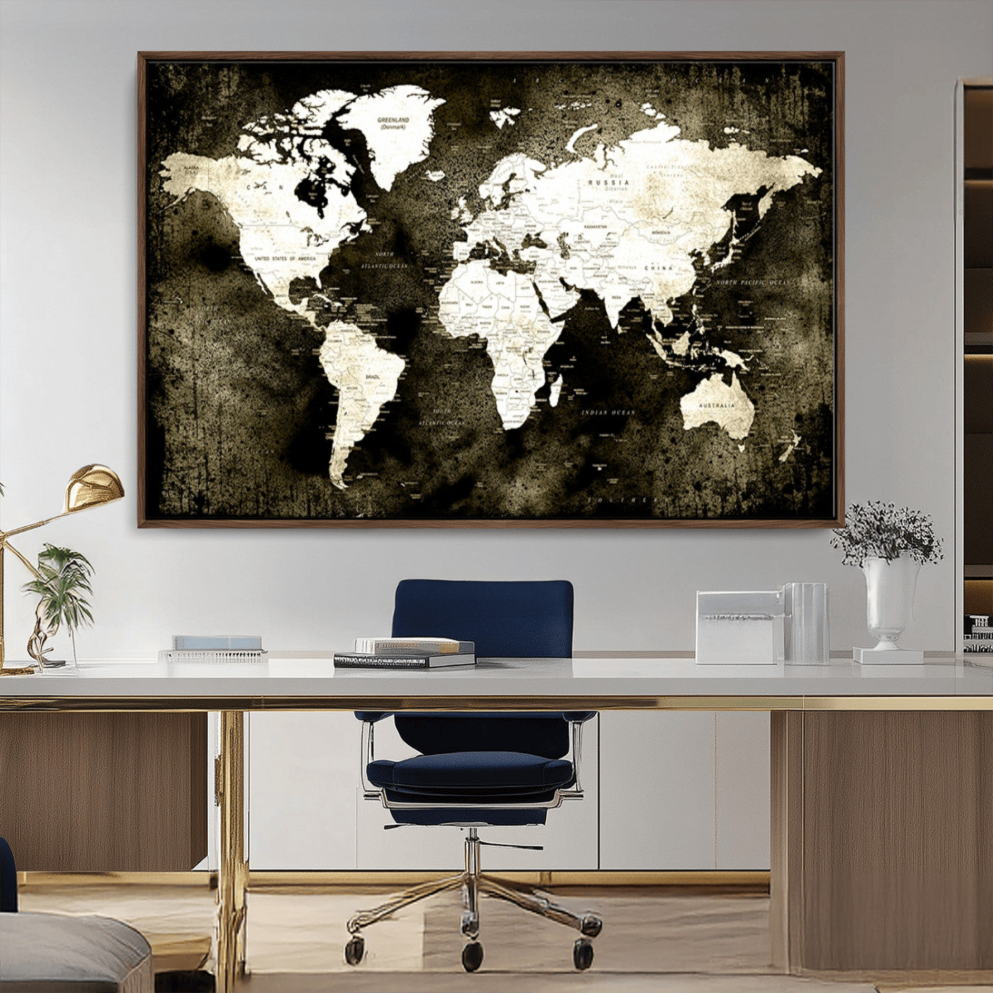 66737-MGV-FC-36X24_Walnut-Vintage World Map Canvas Wall Art – Framed Push Pin Travel Map for Home and Office Decor, Rustic Wall Artwork for Travelers