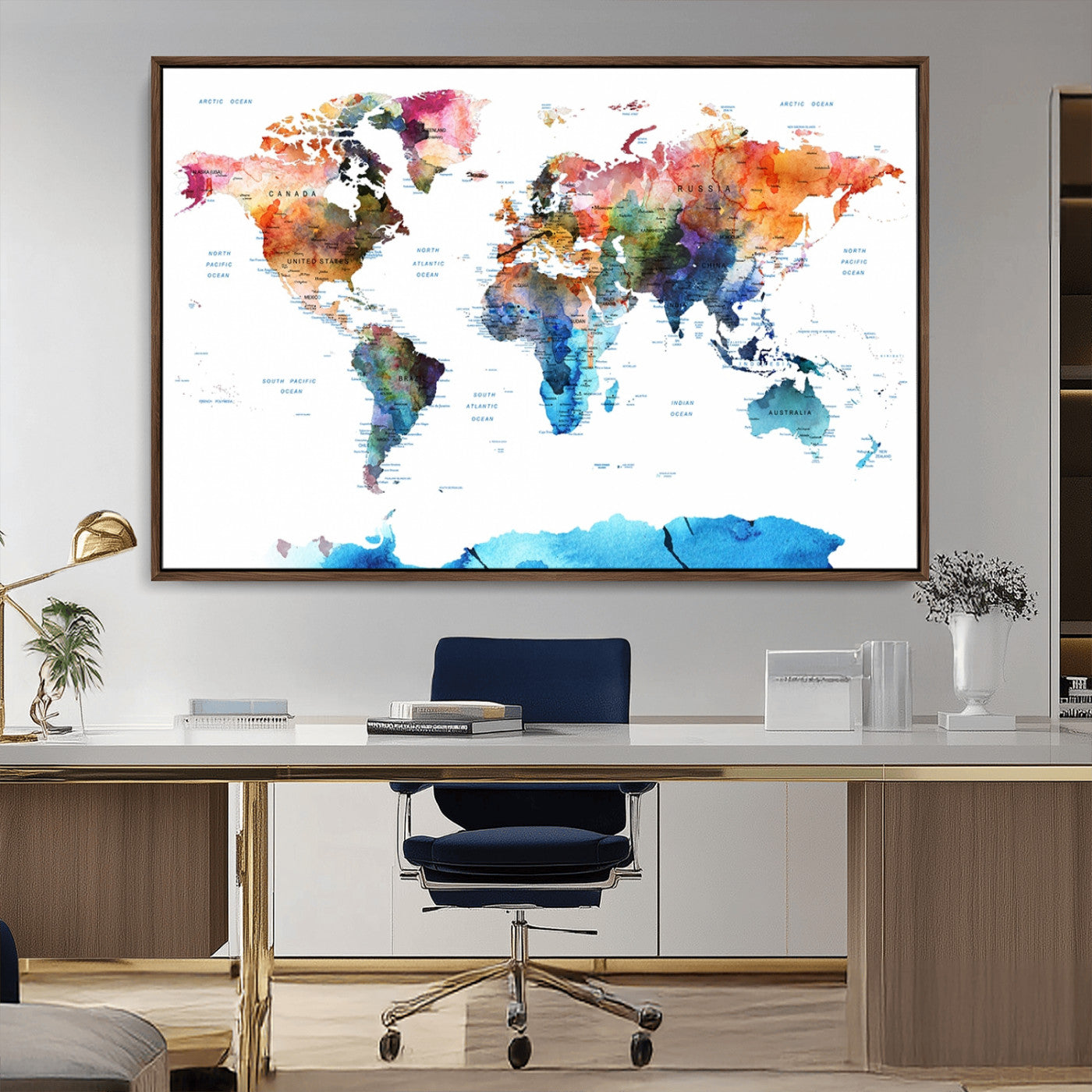 11576-MGV-CV-36X24-Vibrant Watercolor World Map Canvas Wall Art – Framed Push Pin Travel Map for Home and Office Decor, Modern Colorful Wall Artwork