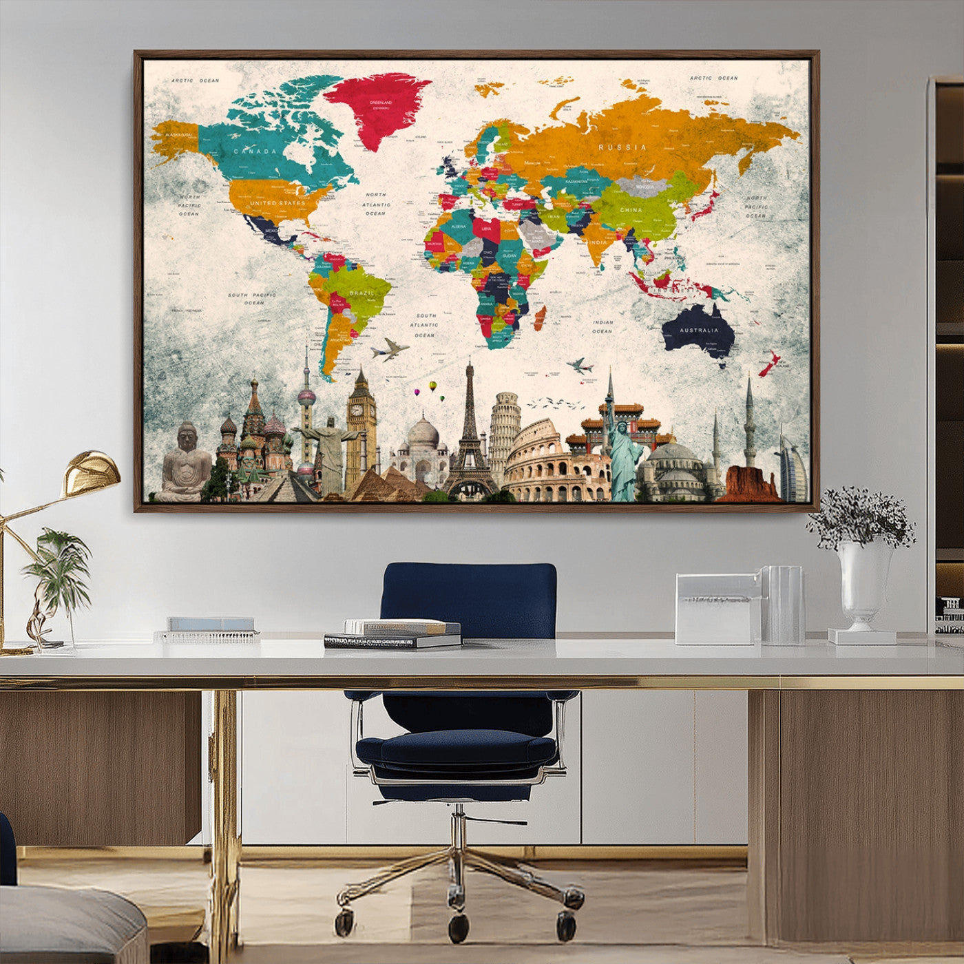 98056-MGV-FC-36X24_Walnut-Colorful World Map Canvas Wall Art with Landmarks – Framed Travel Map Print for Home and Office Decor, Perfect Gift for Travel Lovers