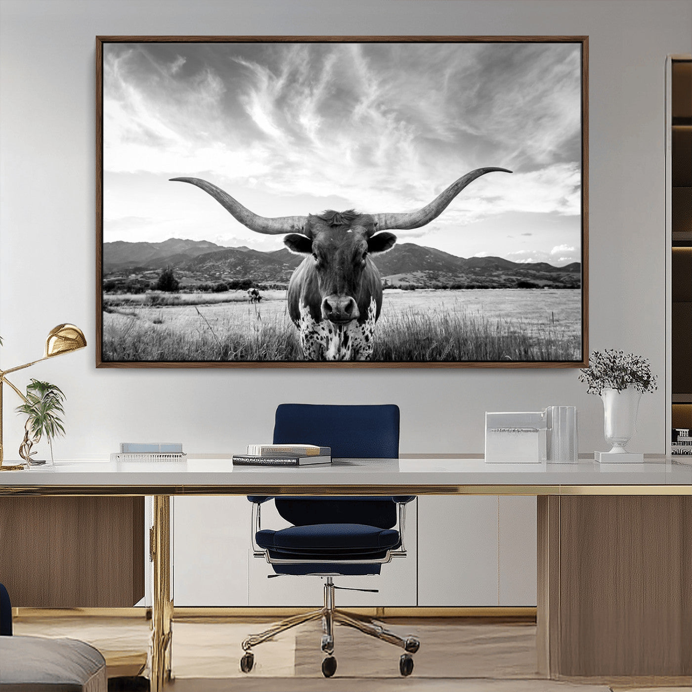 79527-MGV-CV-36X24-Longhorn Black and White Wall Art – Rustic Western Bull Canvas Print, Farmhouse Country Decor for Living Room, Office or Ranch, Cowboy Wall Artwork