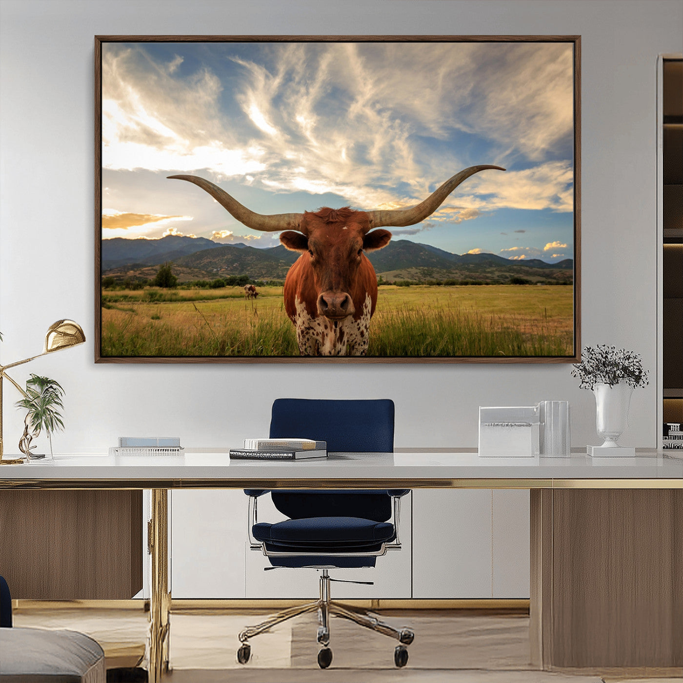 55416-MGV-CV-36X24-Texas Longhorn Canvas Wall Art – Majestic Triptych Animal Print – Rustic Western Decor for Living