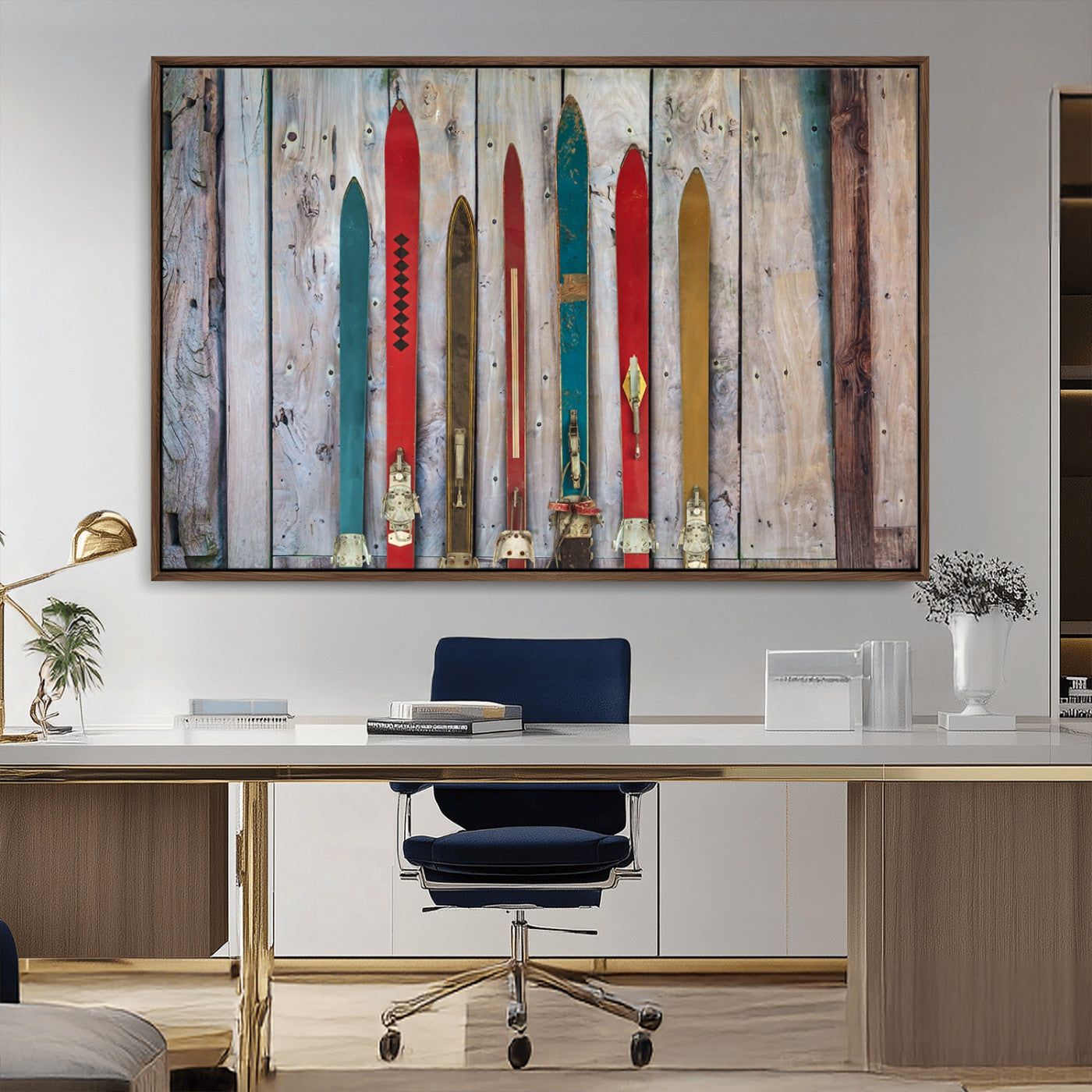 -Vintage Wooden Weathered Ski's in Front of an Old Barn Wall Art Canvas Print for Farmhouse, Cabin