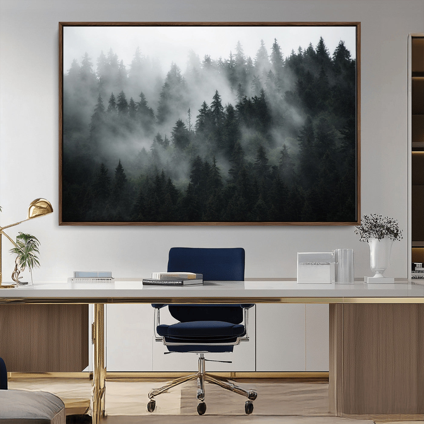 52359-MGV-FC-36X24_Walnut-Foggy Forest Wall Art Canvas Print | 3 Panel Large Misty Landscape for Dining Room, Office, or