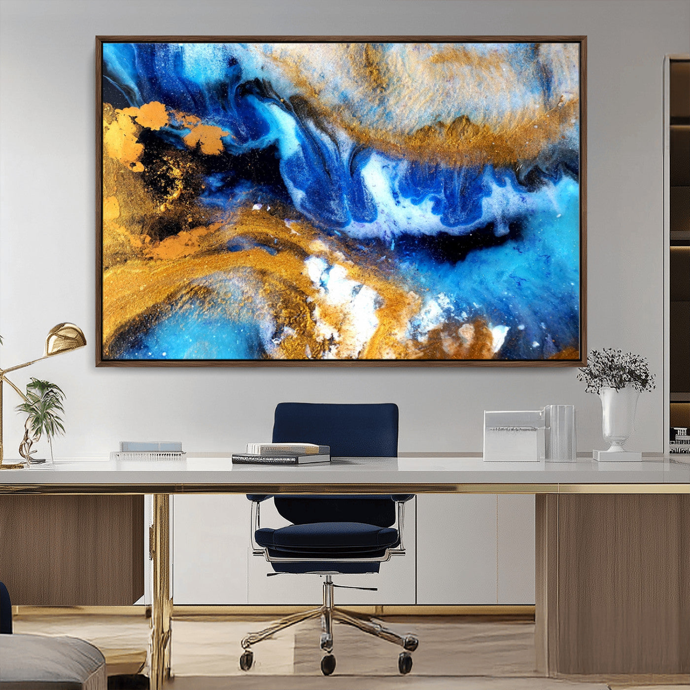 42100-MGV-FC-36X24_Walnut-Blue Orange Marble Fluid Effect Canvas Wall Art Print
