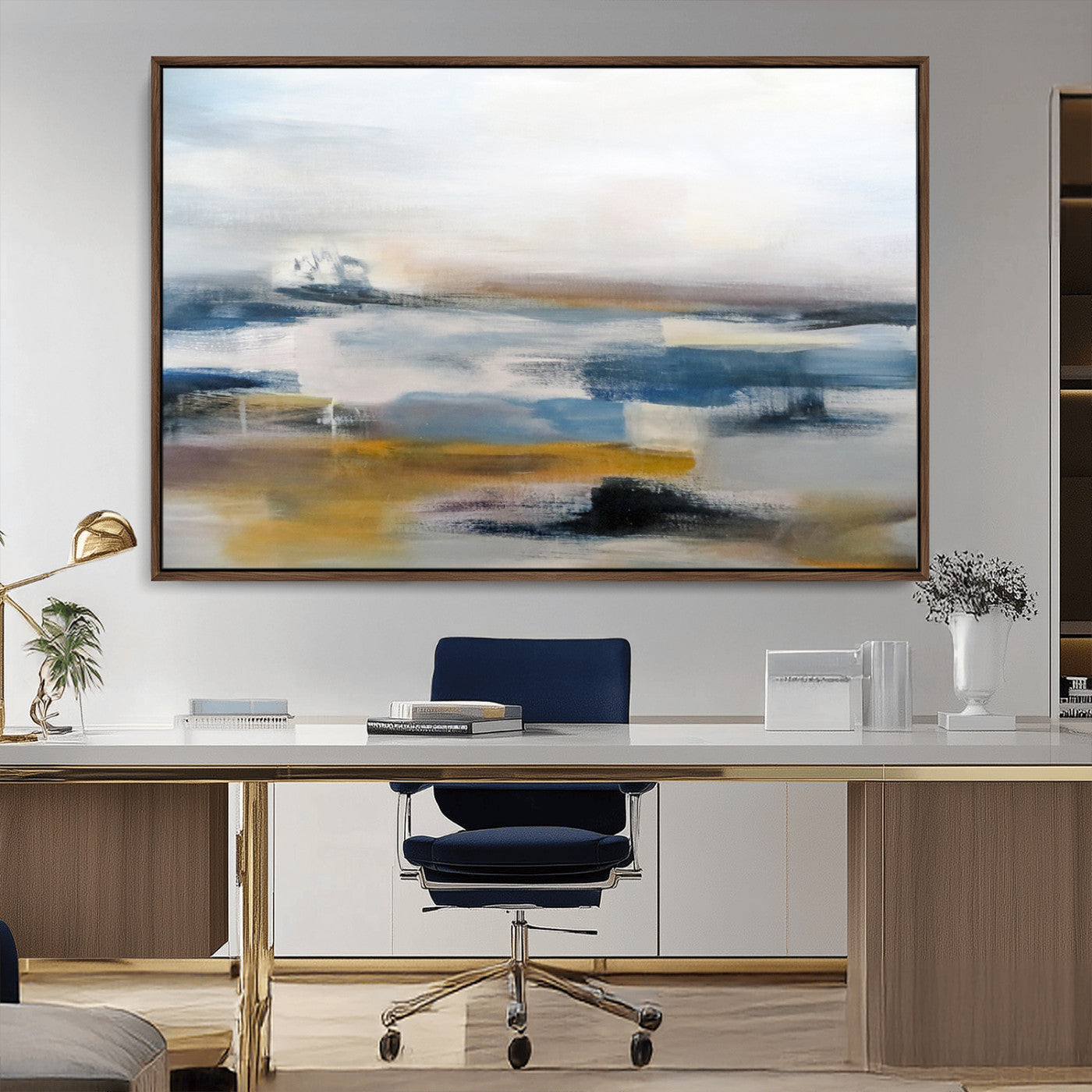 95919-MGV-FC-36X24_Walnut-Abstract Landscape Wall Art Canvas | 3 Panel Modern Blue, Gold, and White Canvas Art for Living