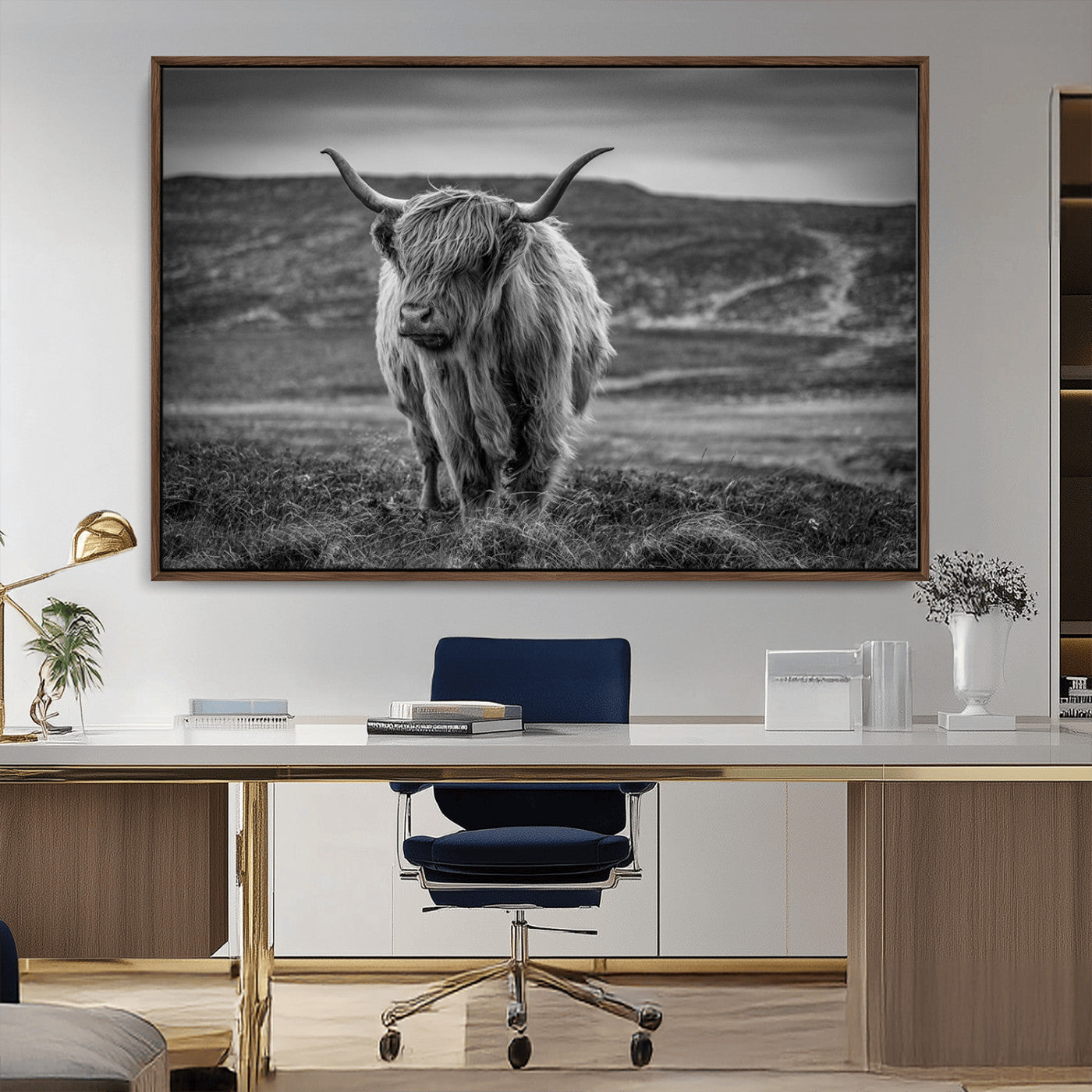 42995-MGV-FC-36X24_Walnut-Fluffy Cattle Wall Art Print, Highland Cow Canvas, Framed Black and white Wall Art