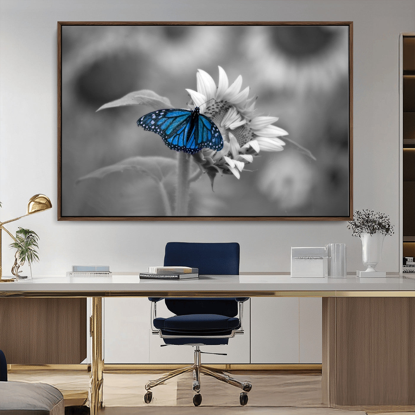 -Blue Butterfly Black and White Canvas Wall Art