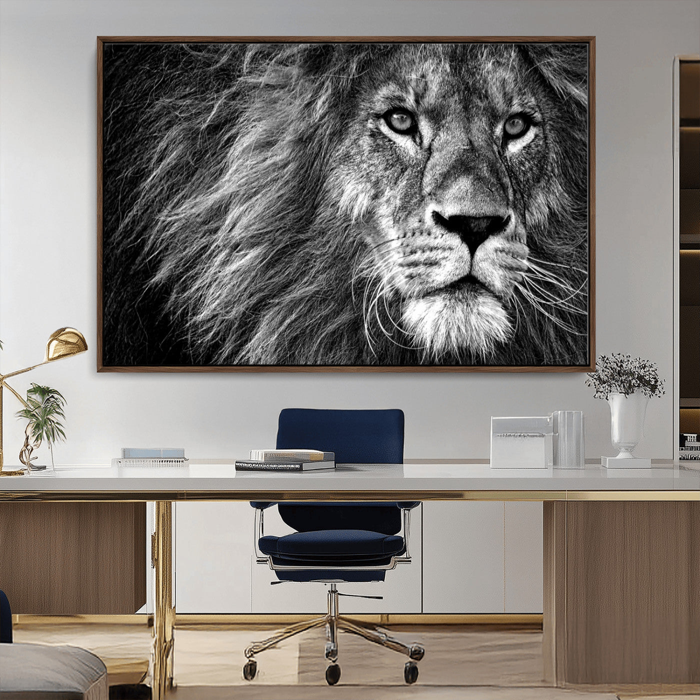 58363-MGV-FC-36X24_Walnut-Black and White Lion Canvas Wall Art Print – Wildlife Portrait Artwork for Home, Office, Living Room, Guest Room