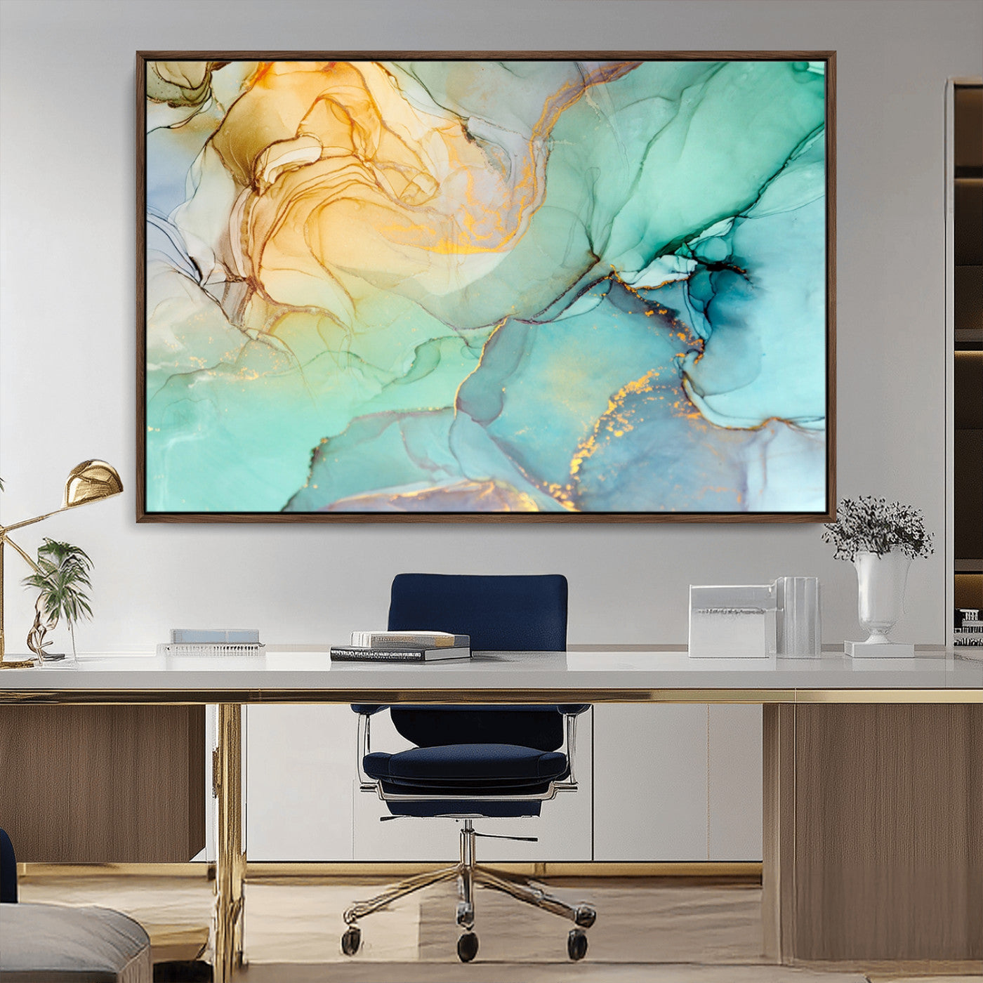 84233-MGV-FC-36X24_Walnut-Abstract Aqua and Gold Fluid Wall Art Canvas | 3 Panel Large Canvas Print for Living Room, Office,