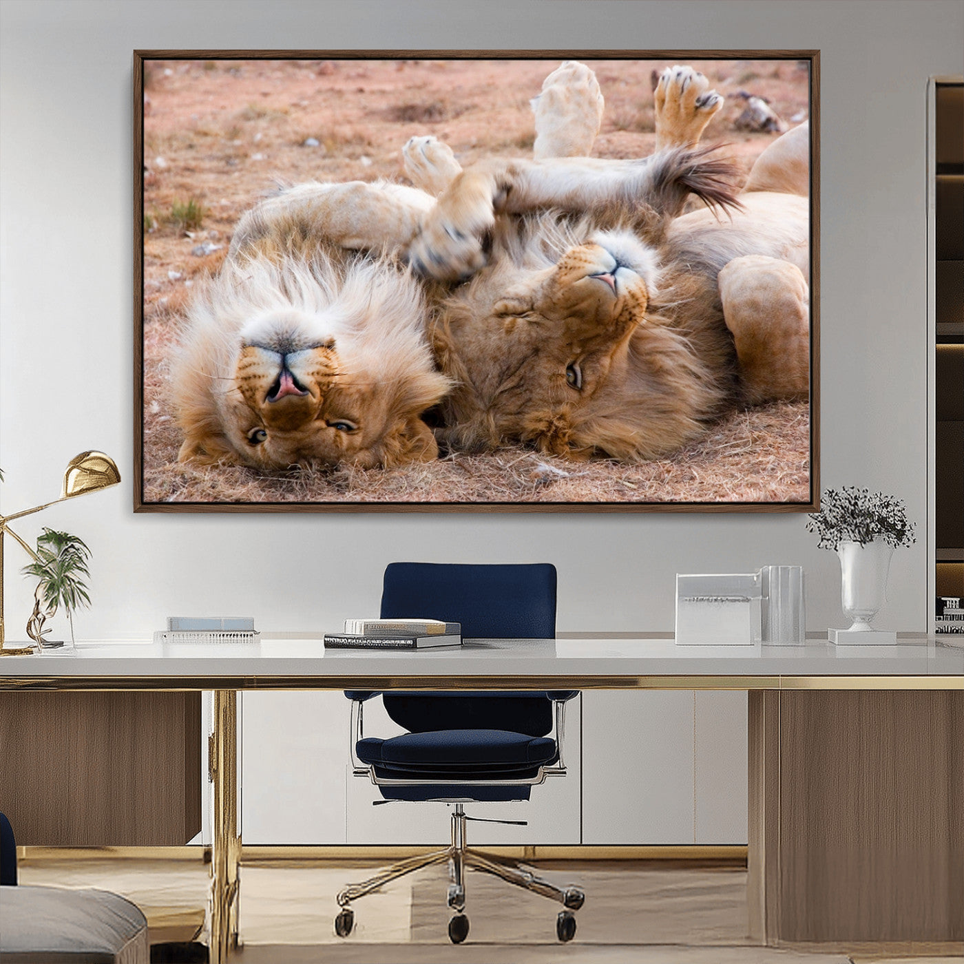-Lion Pair Wall Art Canvas Print – Framed Wildlife Scene with Playful Lions Artwork for Home, Office, Living Room
